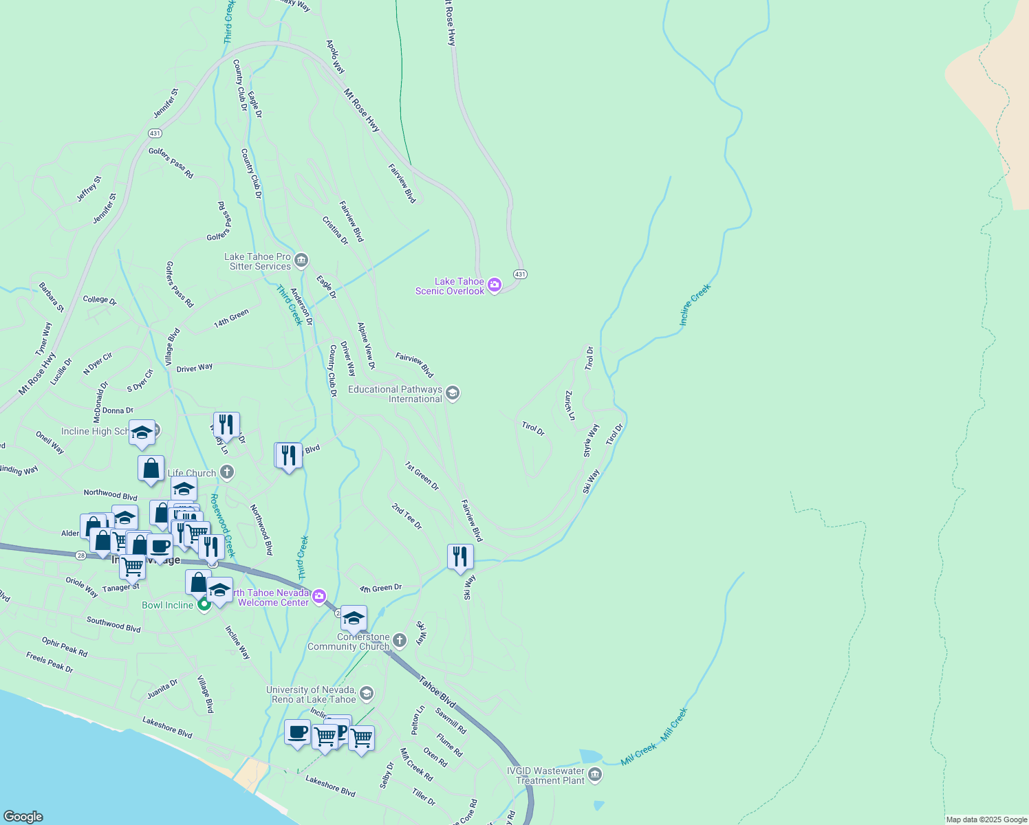 map of restaurants, bars, coffee shops, grocery stores, and more near 1501 Tirol Drive in Incline Village