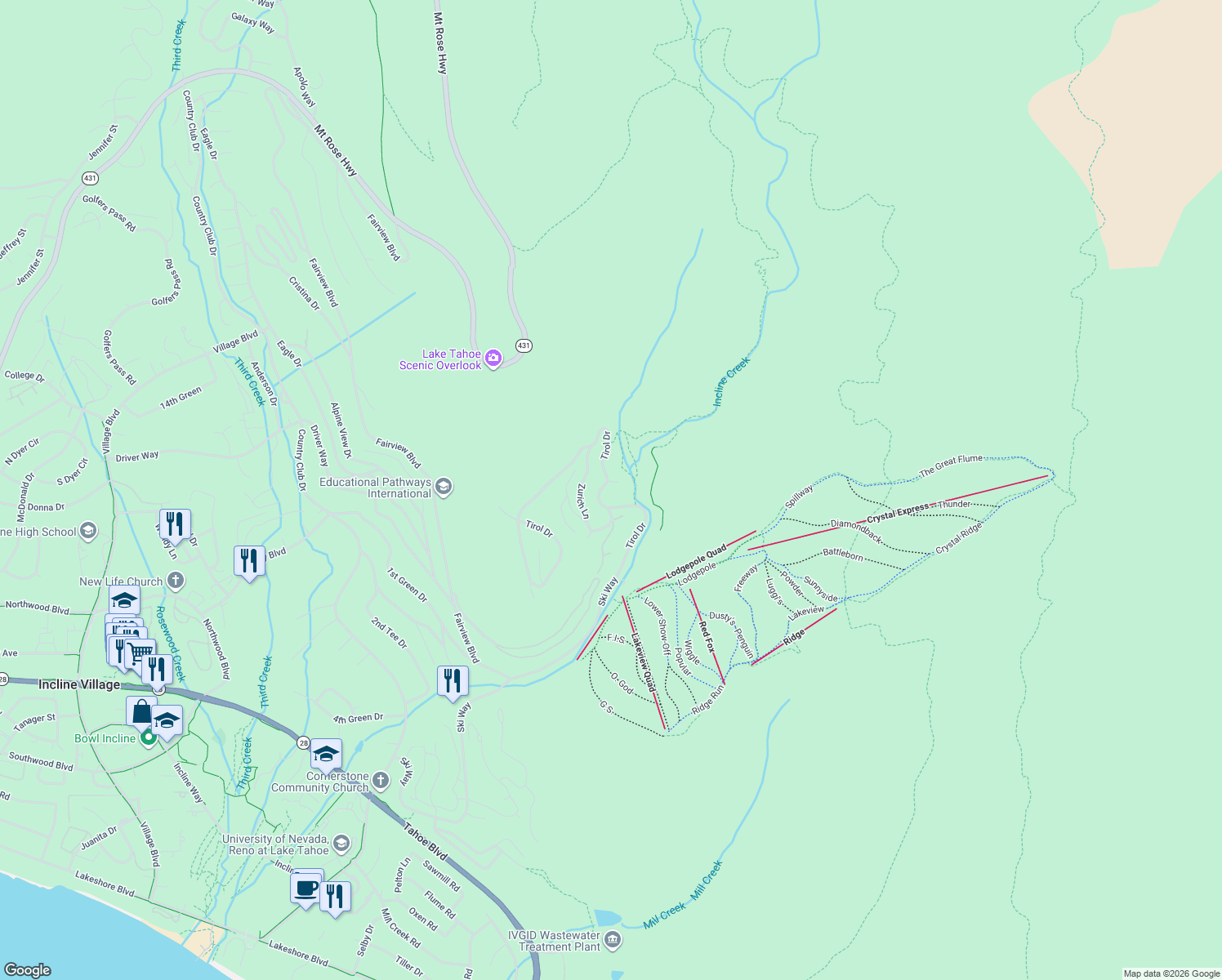 map of restaurants, bars, coffee shops, grocery stores, and more near 1299 Arosa Court in Incline Village