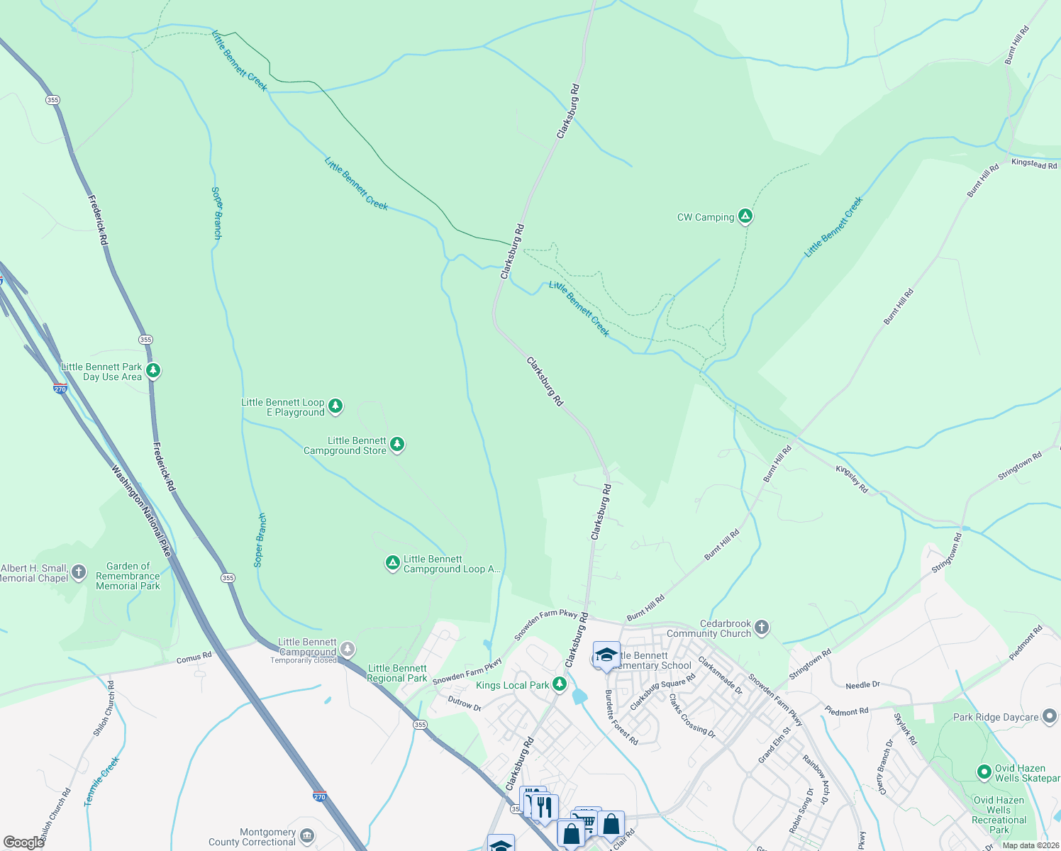 map of restaurants, bars, coffee shops, grocery stores, and more near 24510 Clarksburg Road in Clarksburg
