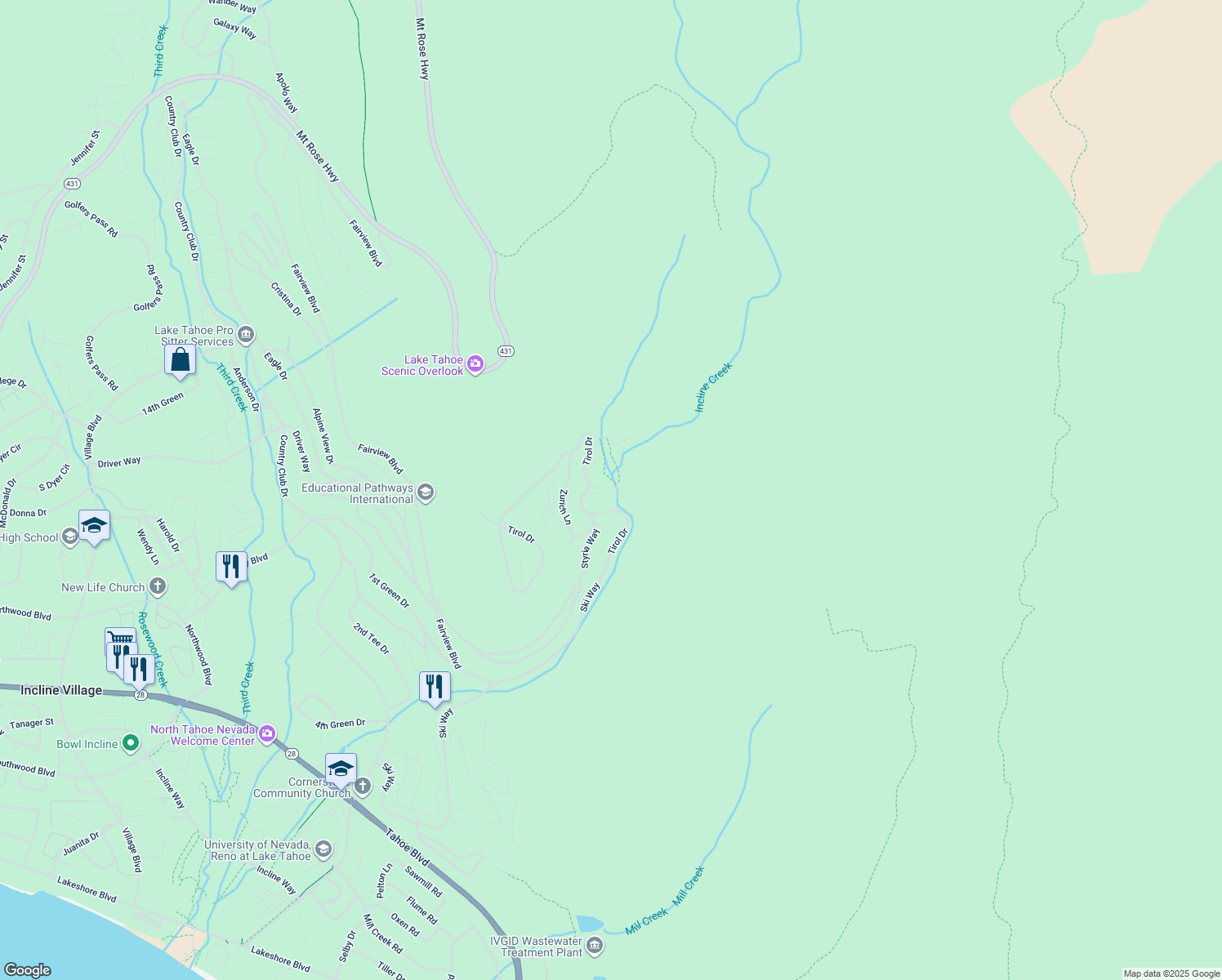 map of restaurants, bars, coffee shops, grocery stores, and more near 1313 Arosa Court in Incline Village
