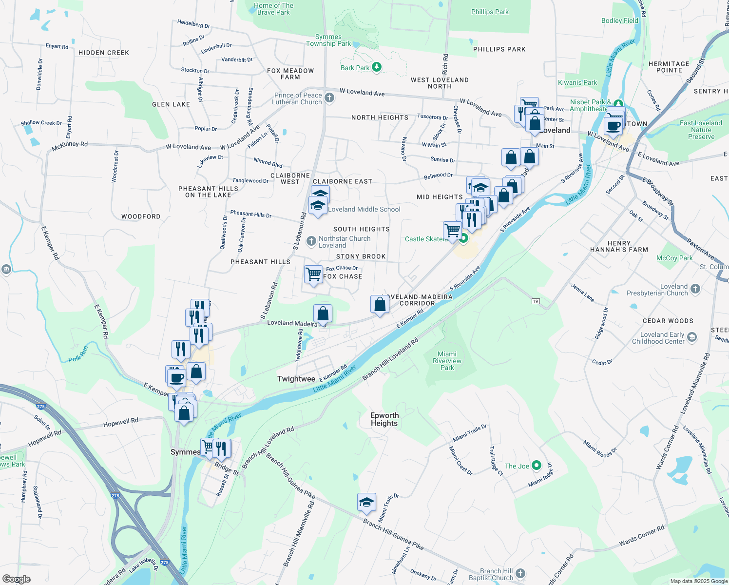 map of restaurants, bars, coffee shops, grocery stores, and more near 10134 Fox Chase Drive in Loveland