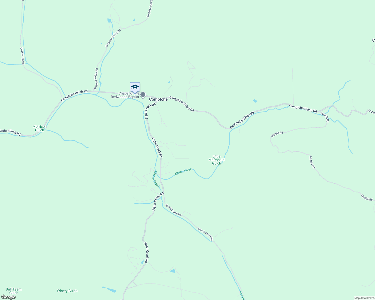 map of restaurants, bars, coffee shops, grocery stores, and more near 8471 Flynn Creek Road in Comptche