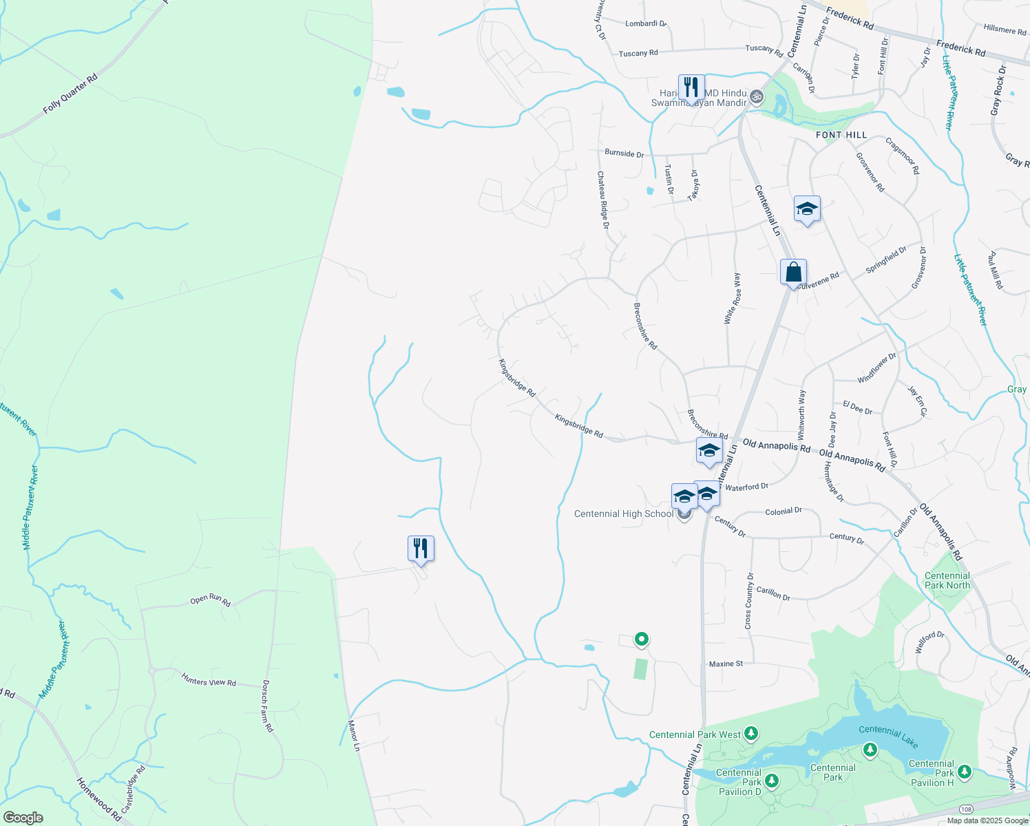 map of restaurants, bars, coffee shops, grocery stores, and more near 10402 Queensway Drive in Ellicott City