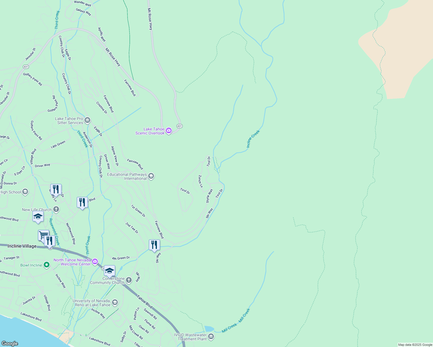 map of restaurants, bars, coffee shops, grocery stores, and more near 1313 Arosa Court in Incline Village