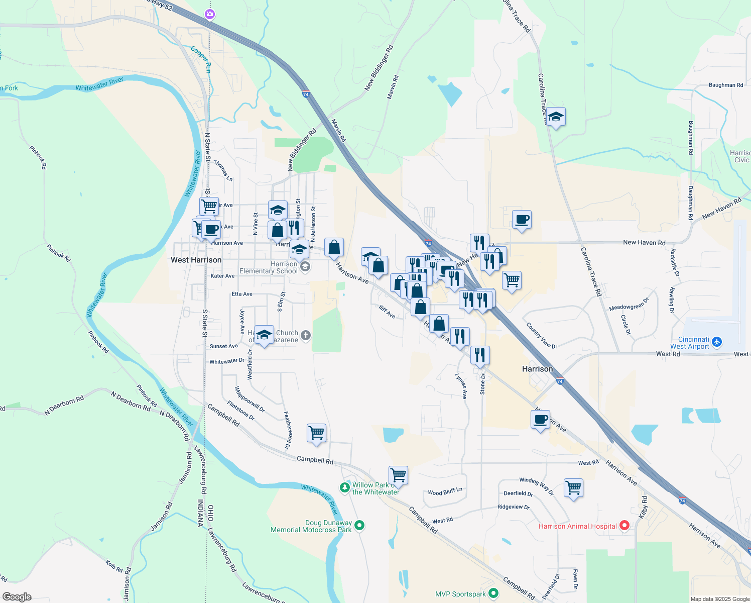 map of restaurants, bars, coffee shops, grocery stores, and more near 109 Elbern Avenue in Harrison