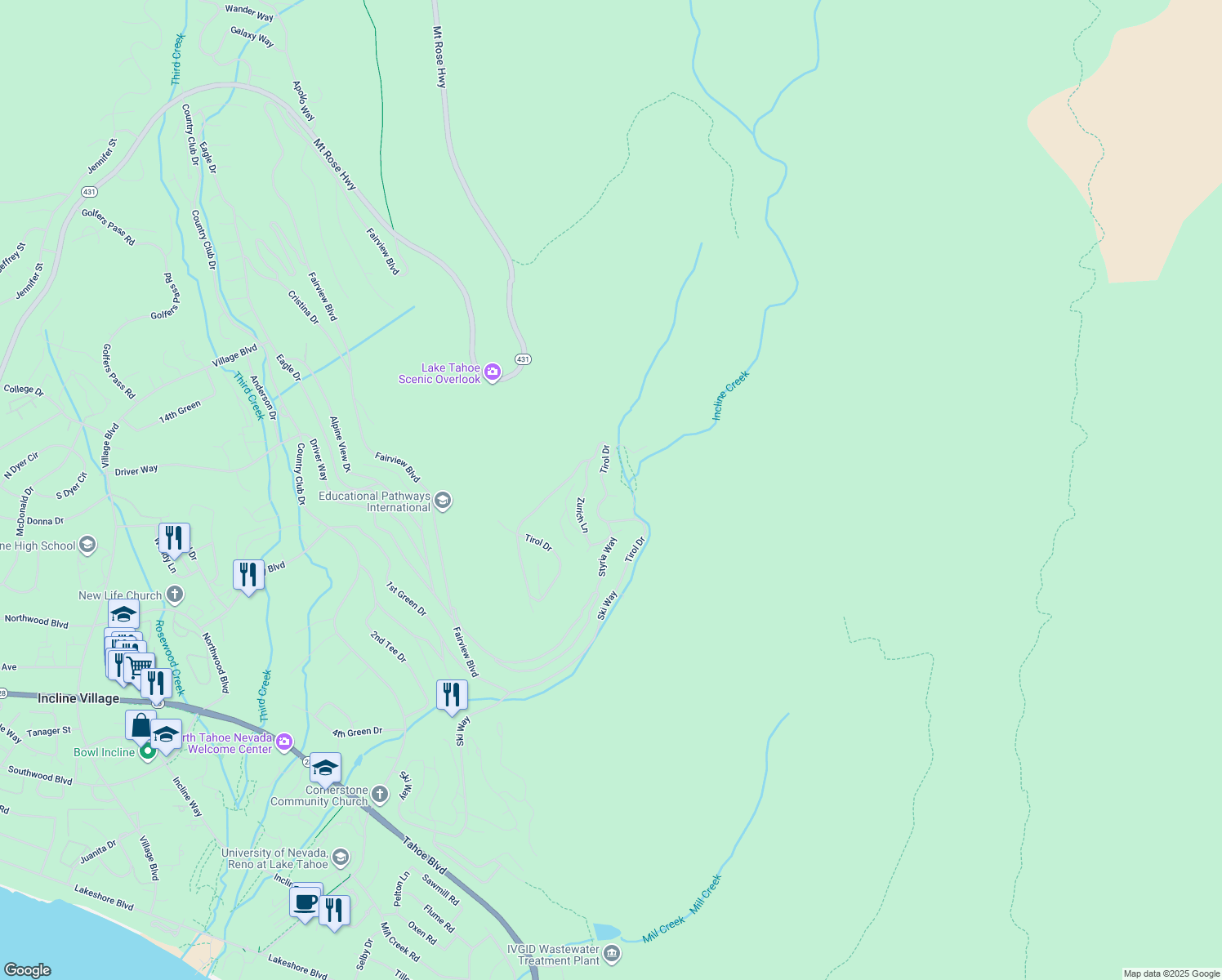 map of restaurants, bars, coffee shops, grocery stores, and more near 1299 Arosa Court in Incline Village