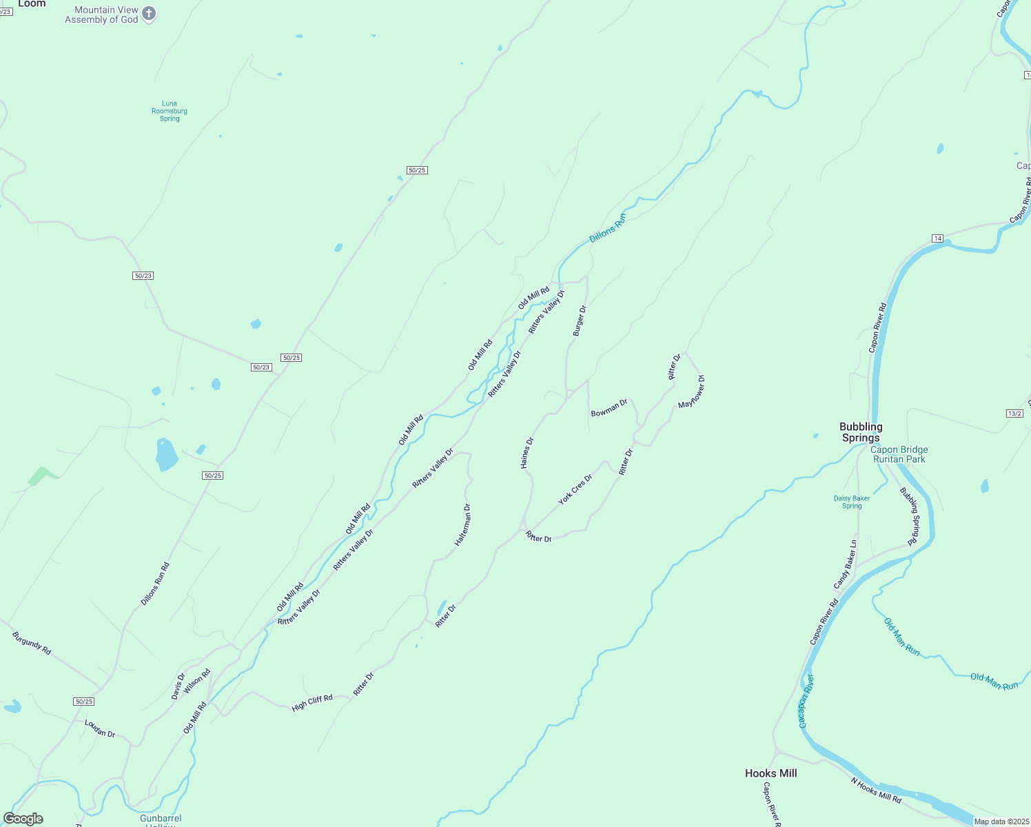map of restaurants, bars, coffee shops, grocery stores, and more near 385 Haines Drive in Capon Bridge