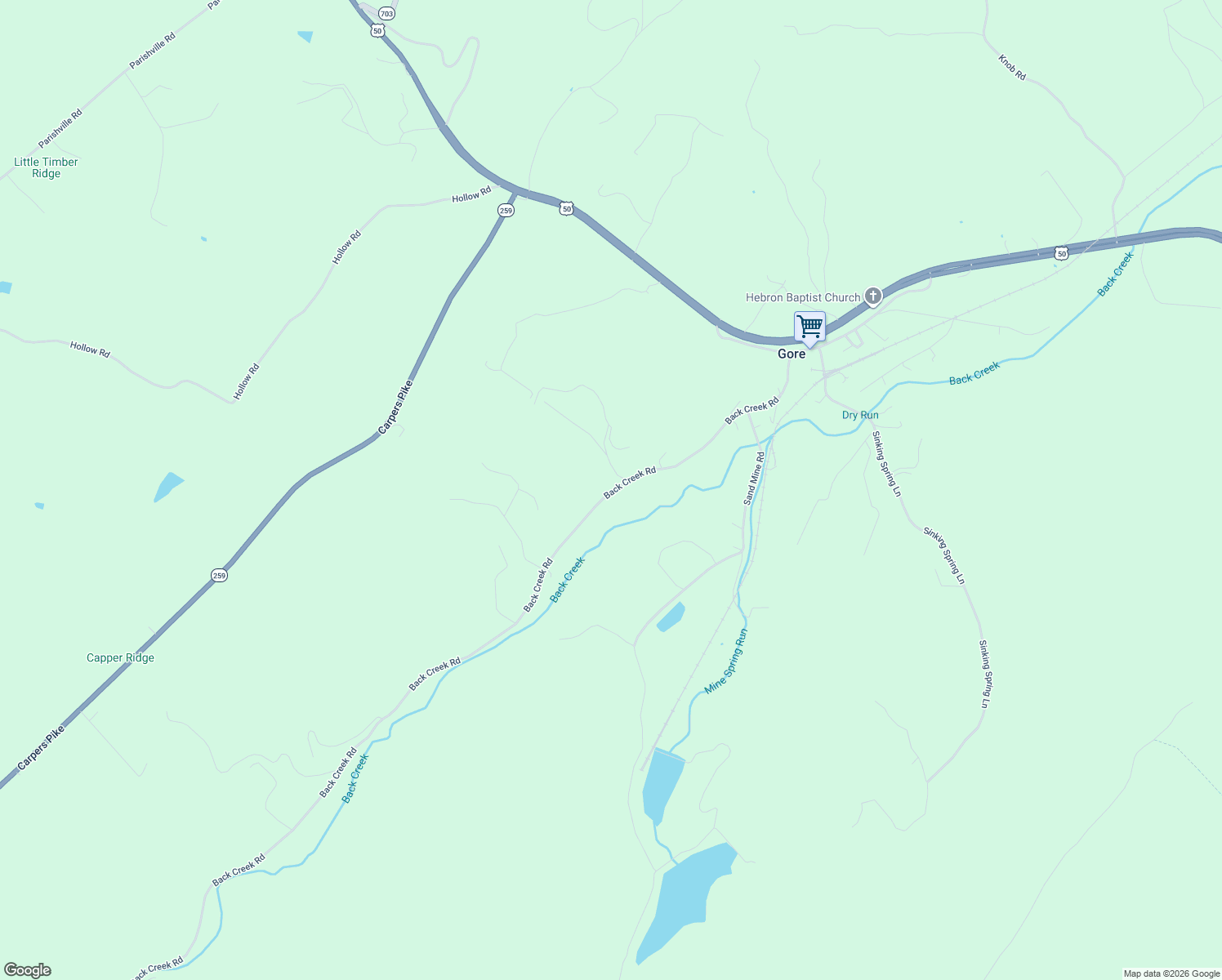 map of restaurants, bars, coffee shops, grocery stores, and more near 456 Back Creek Road in Gore