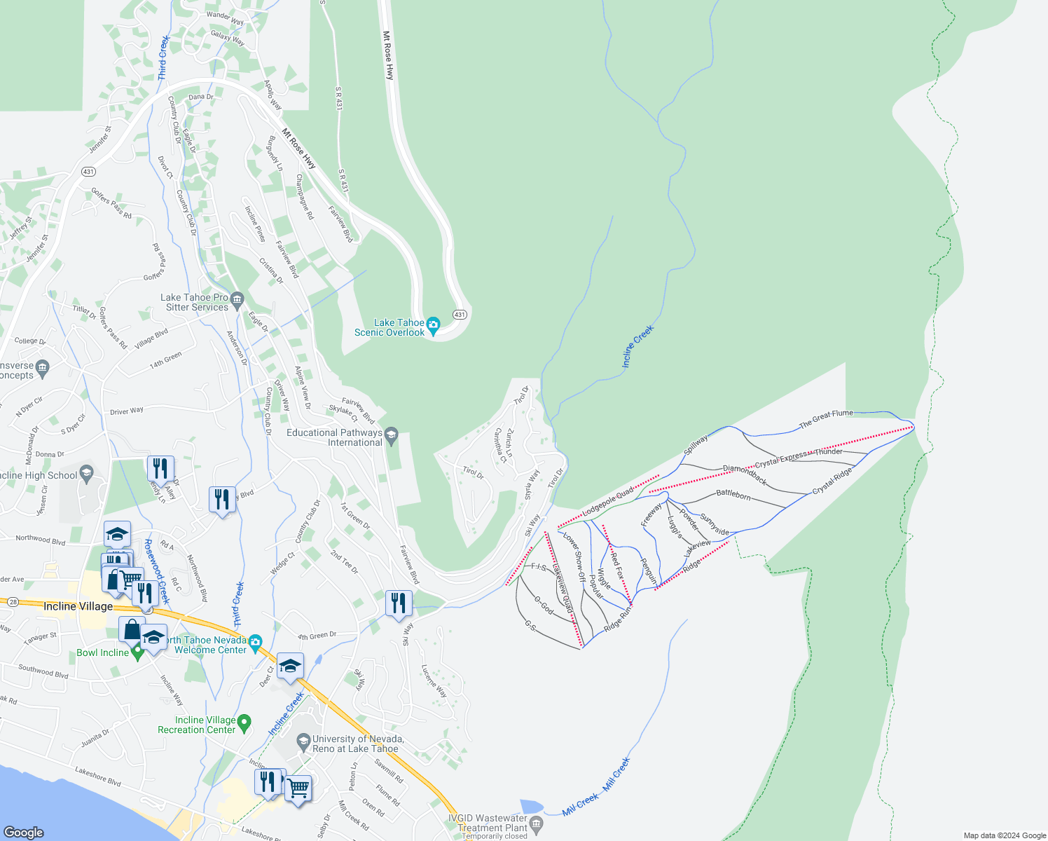 map of restaurants, bars, coffee shops, grocery stores, and more near 1332 Tirol Drive in Incline Village