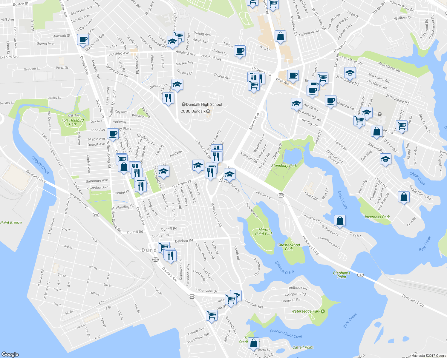 map of restaurants, bars, coffee shops, grocery stores, and more near 7608 Dunmanway in Dundalk