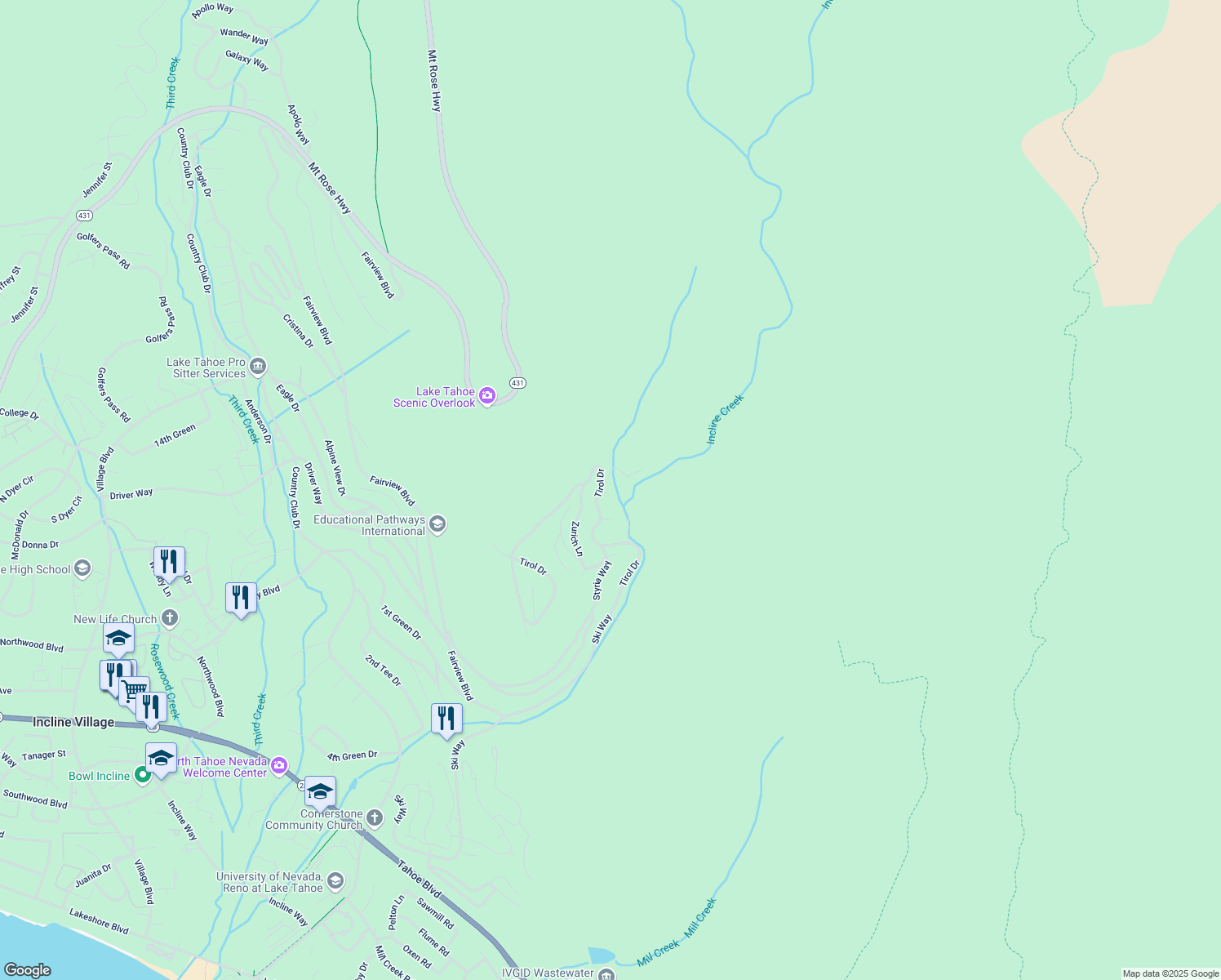 map of restaurants, bars, coffee shops, grocery stores, and more near 1350 Tirol Drive in Incline Village
