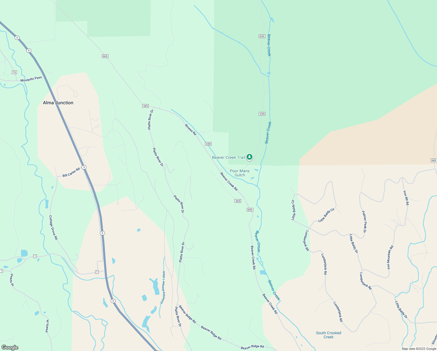 map of restaurants, bars, coffee shops, grocery stores, and more near 250 Skidoo Road in Fairplay