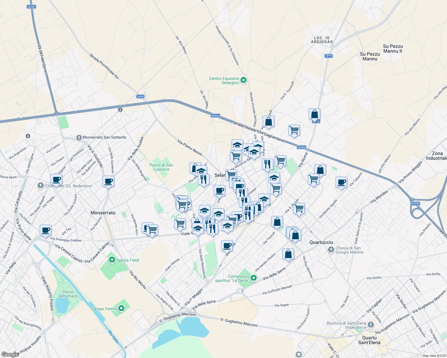 map of restaurants, bars, coffee shops, grocery stores, and more near Via Venezia in Selargius