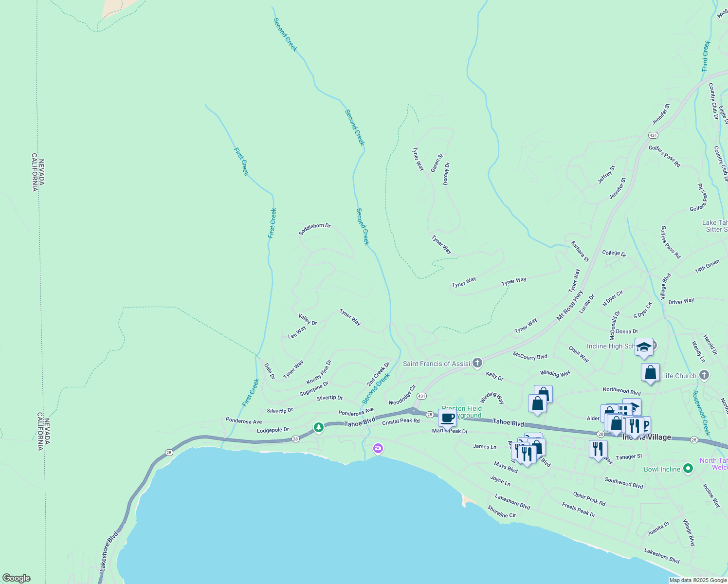 map of restaurants, bars, coffee shops, grocery stores, and more near 602 Fallen Leaf Way in Incline Village