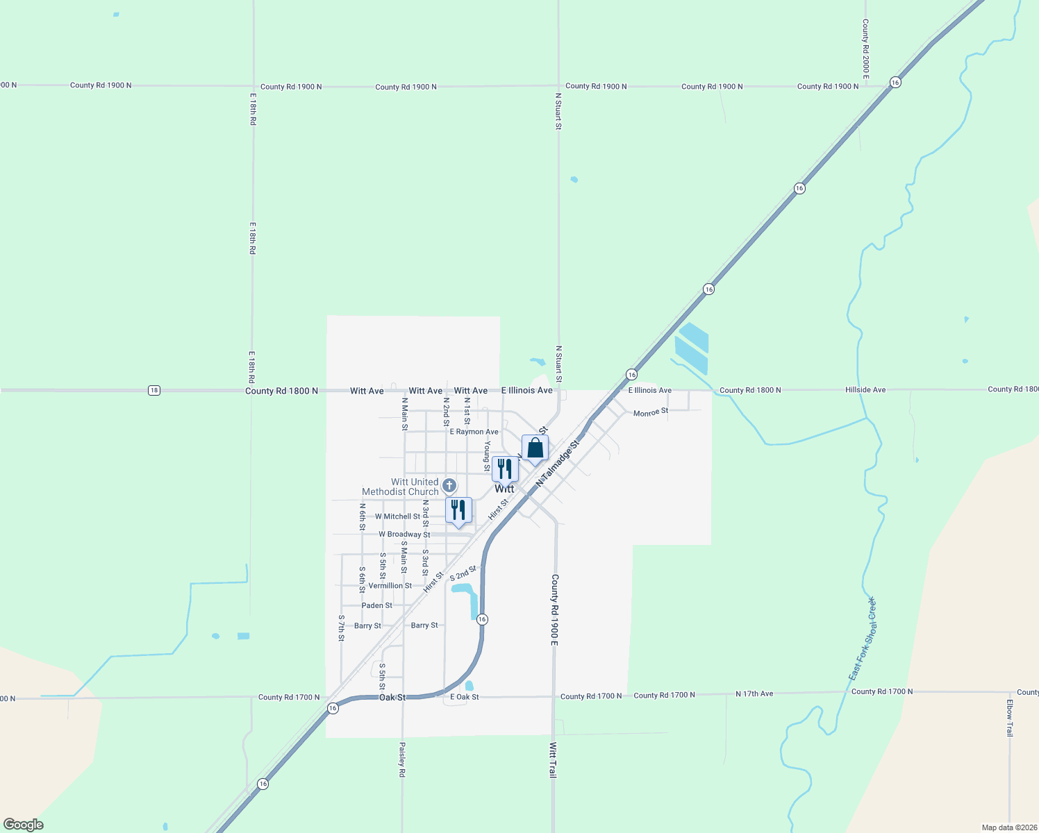 map of restaurants, bars, coffee shops, grocery stores, and more near 331 East Allen Avenue in Witt