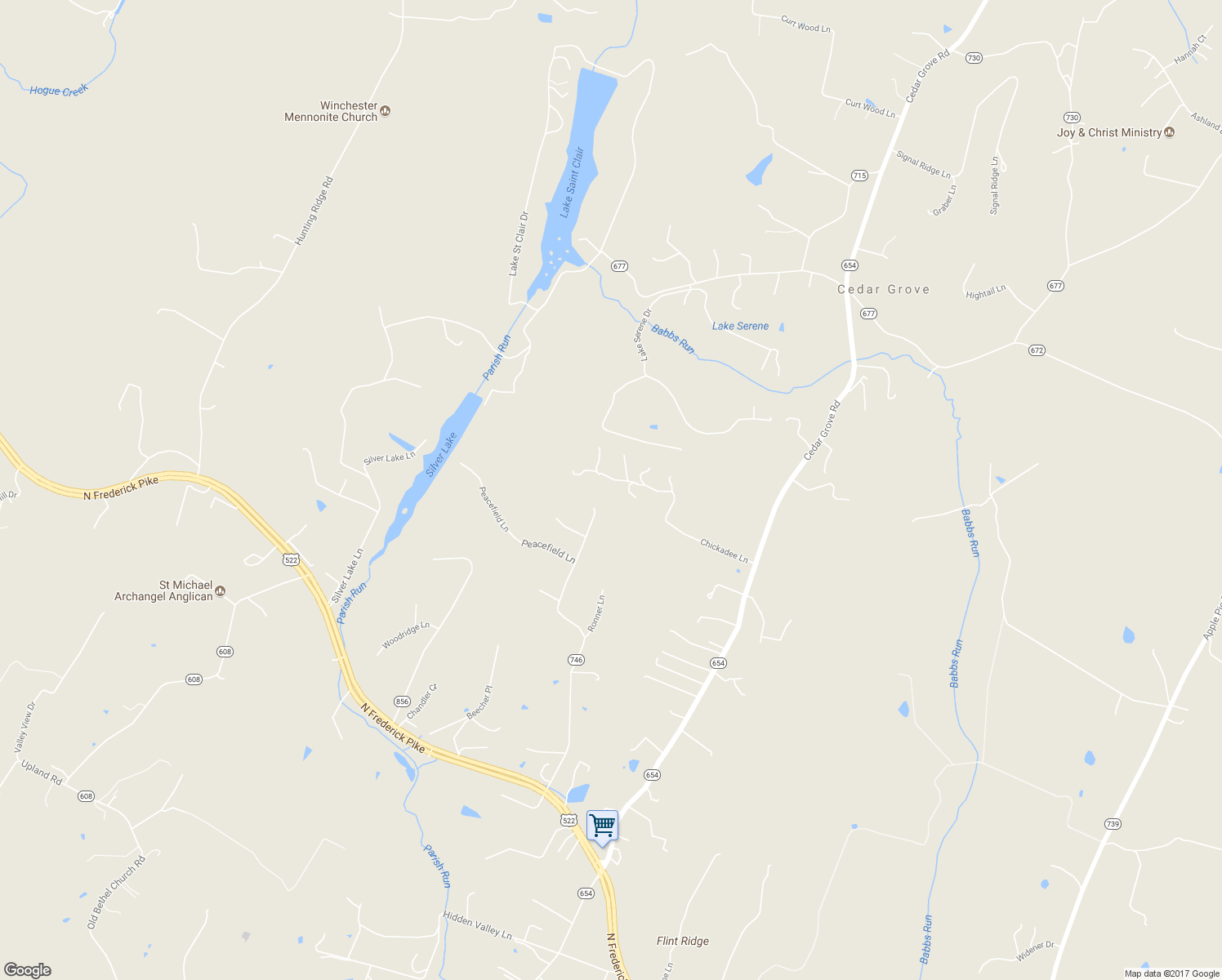 map of restaurants, bars, coffee shops, grocery stores, and more near 373 Chickadee Lane in Winchester