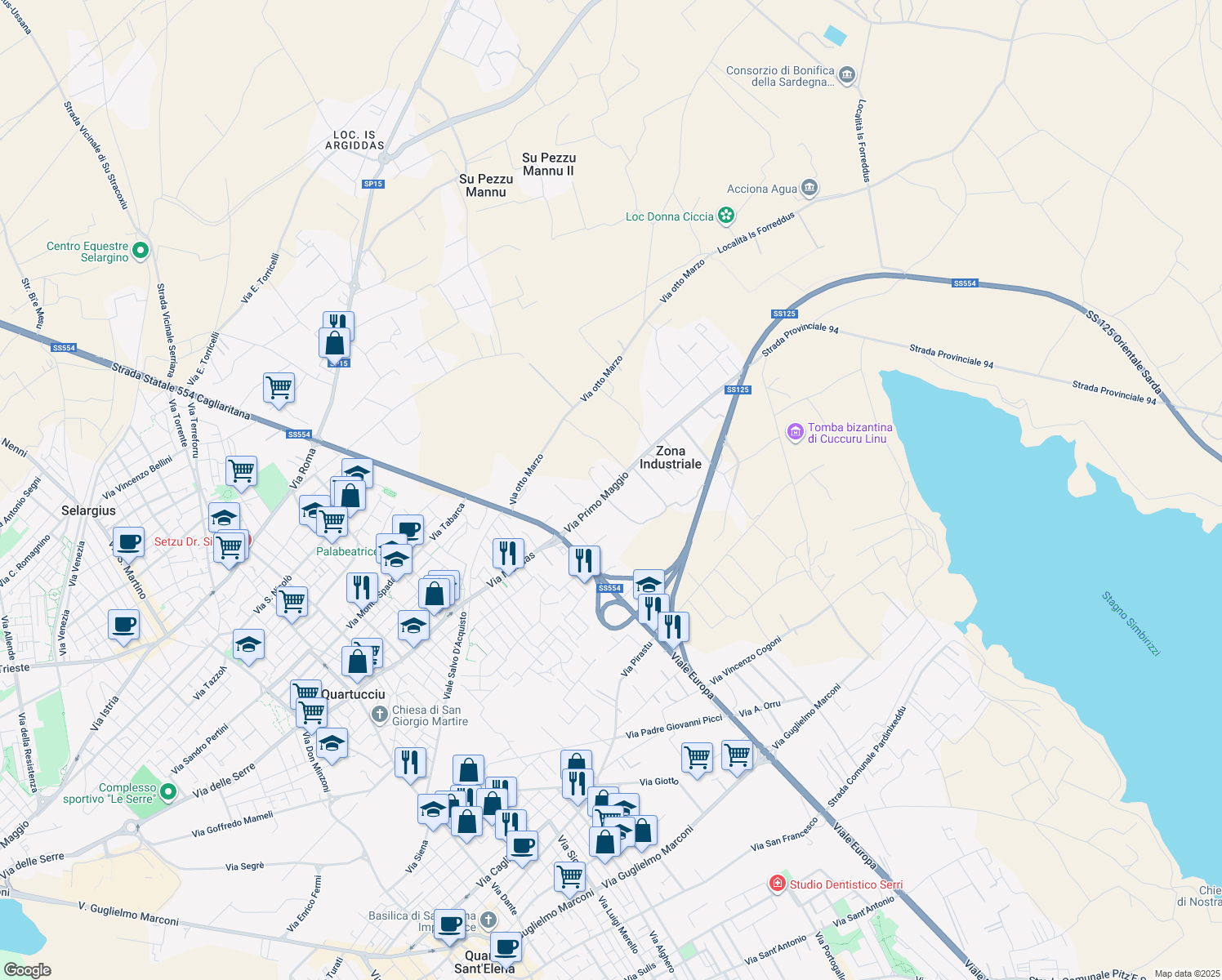 map of restaurants, bars, coffee shops, grocery stores, and more near Strada Ex Provinciale Quartucciu-Ganni in Cagliari