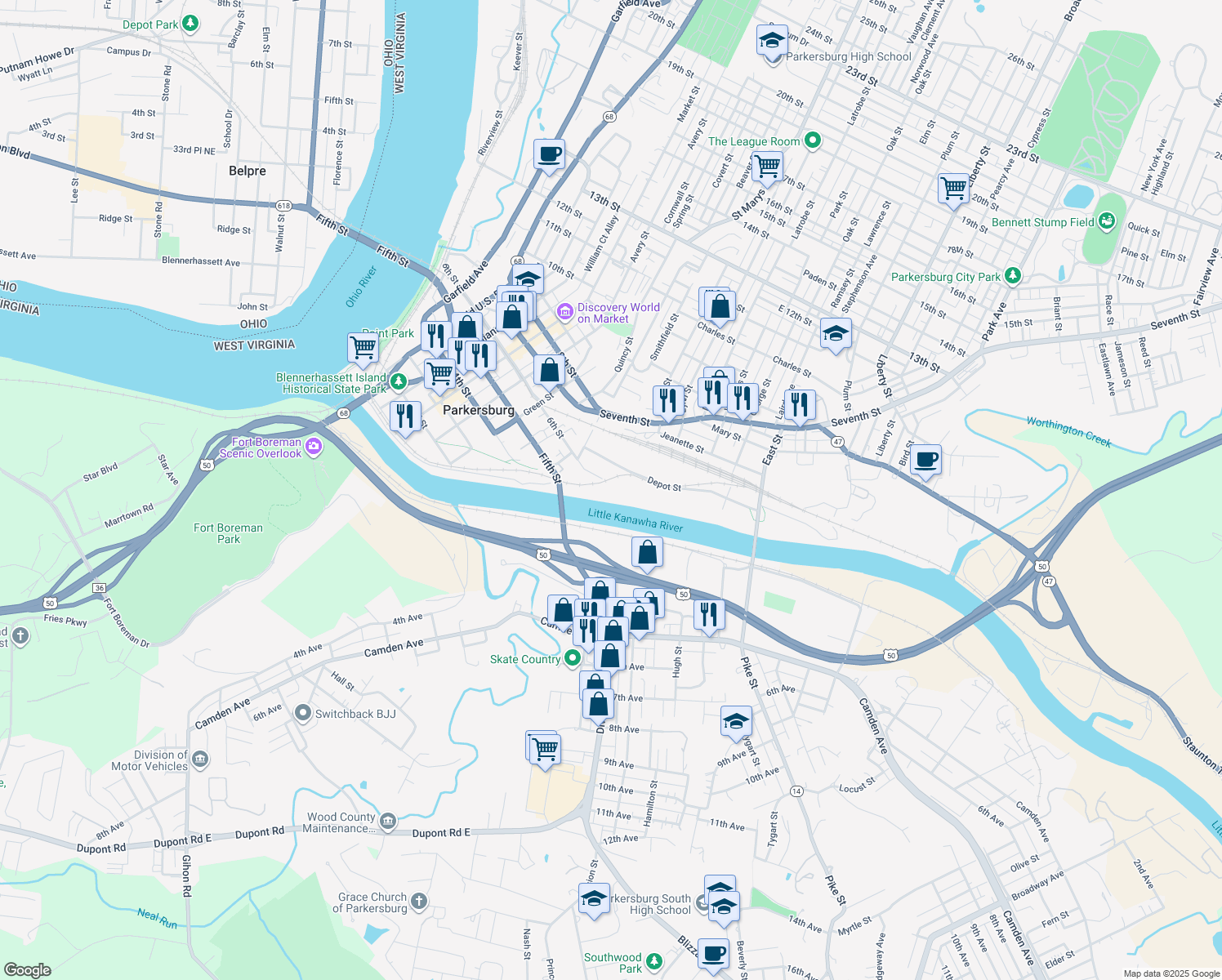 map of restaurants, bars, coffee shops, grocery stores, and more near 642 Depot St in Parkersburg