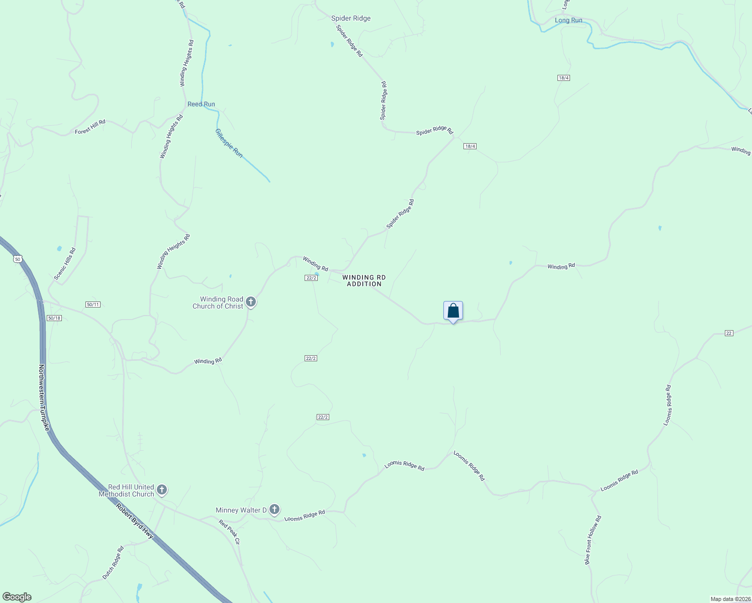 map of restaurants, bars, coffee shops, grocery stores, and more near 1508 Winding Road in Parkersburg