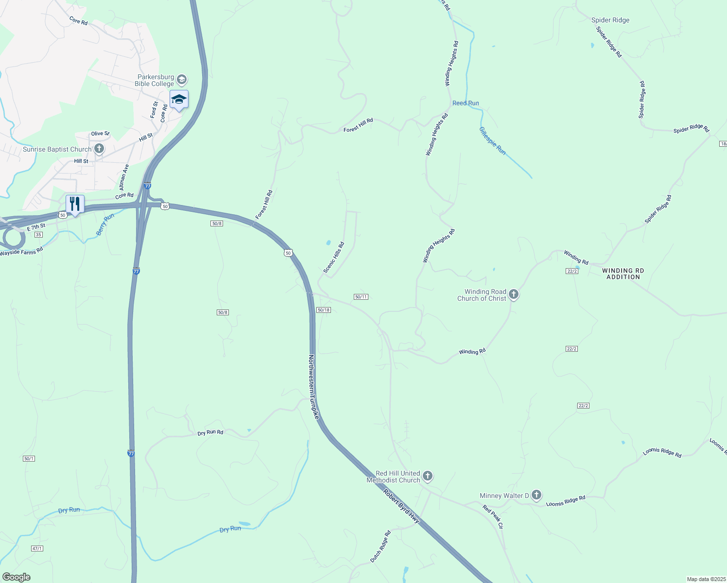 map of restaurants, bars, coffee shops, grocery stores, and more near County Route 50/11 in Parkersburg