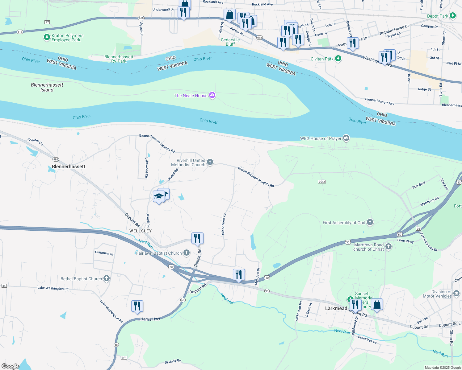 map of restaurants, bars, coffee shops, grocery stores, and more near 77-81 Island View Drive in Parkersburg