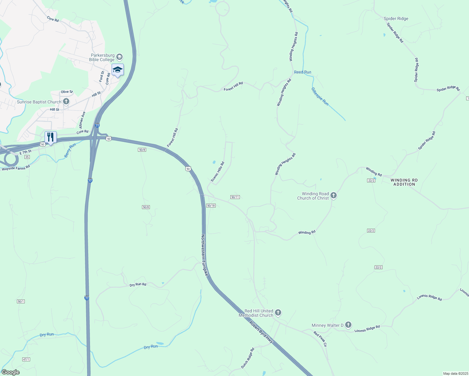 map of restaurants, bars, coffee shops, grocery stores, and more near County Route 50/11 in Parkersburg