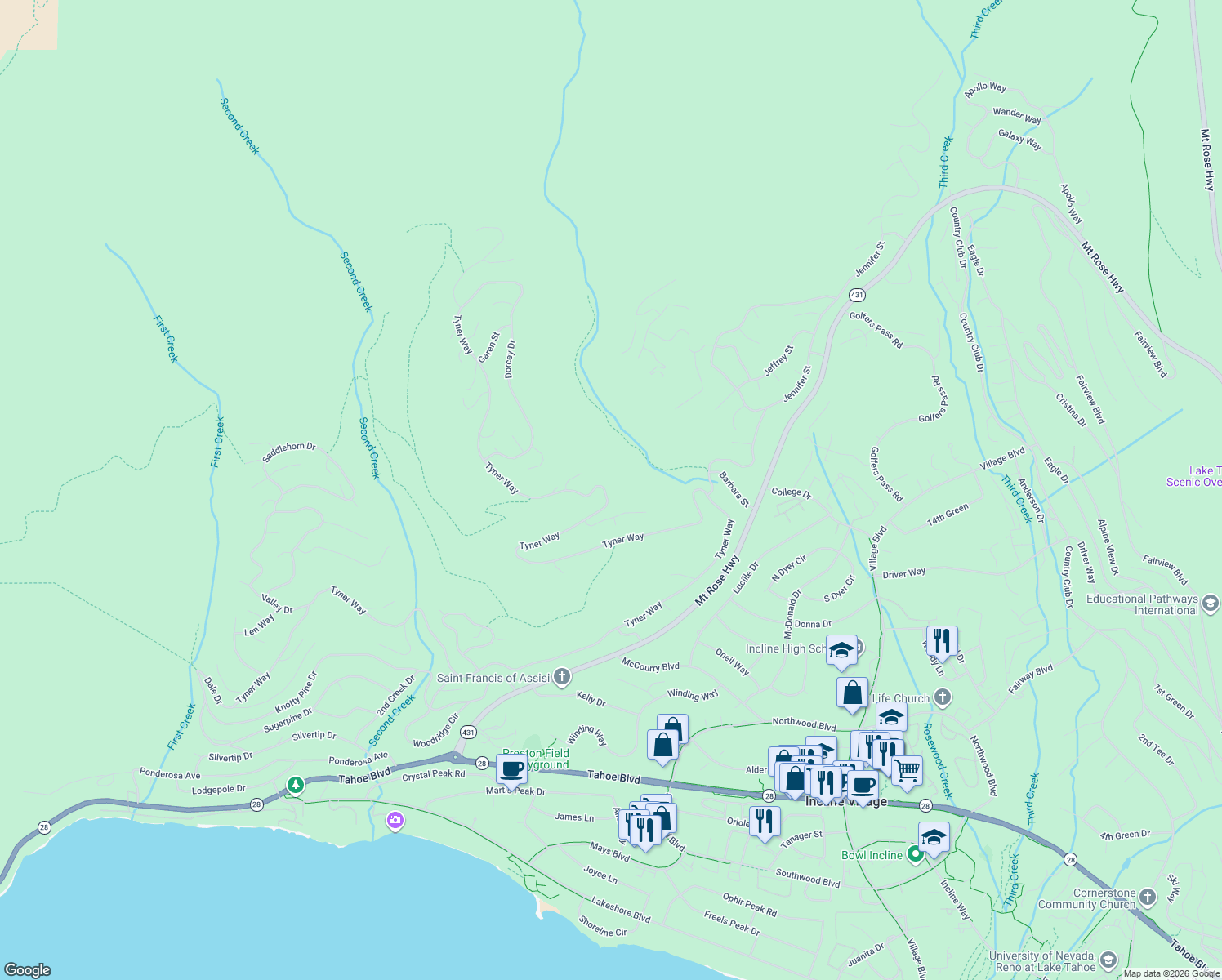 map of restaurants, bars, coffee shops, grocery stores, and more near 881 Tyner Way in Incline Village
