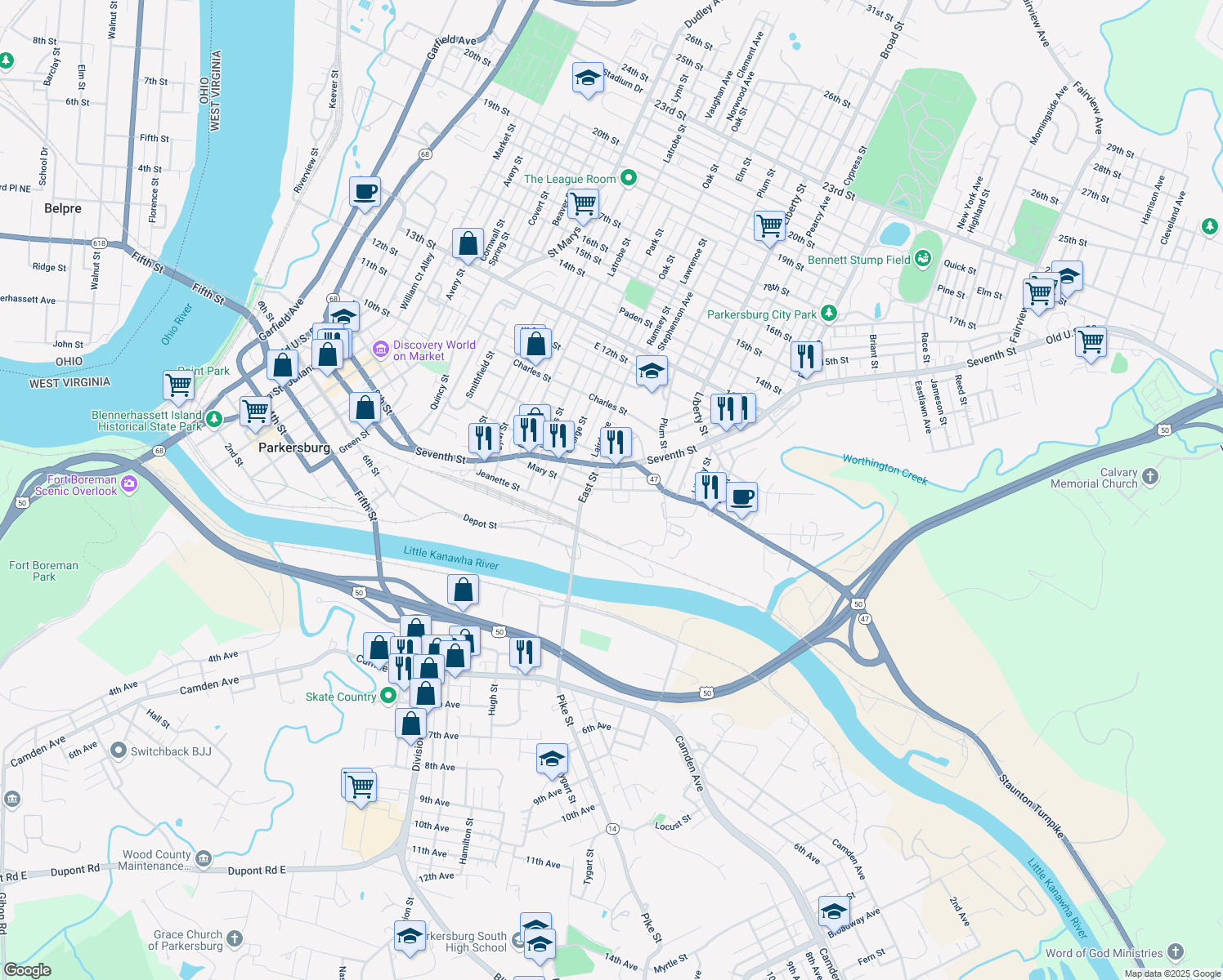 map of restaurants, bars, coffee shops, grocery stores, and more near 1168 Mary Street in Parkersburg