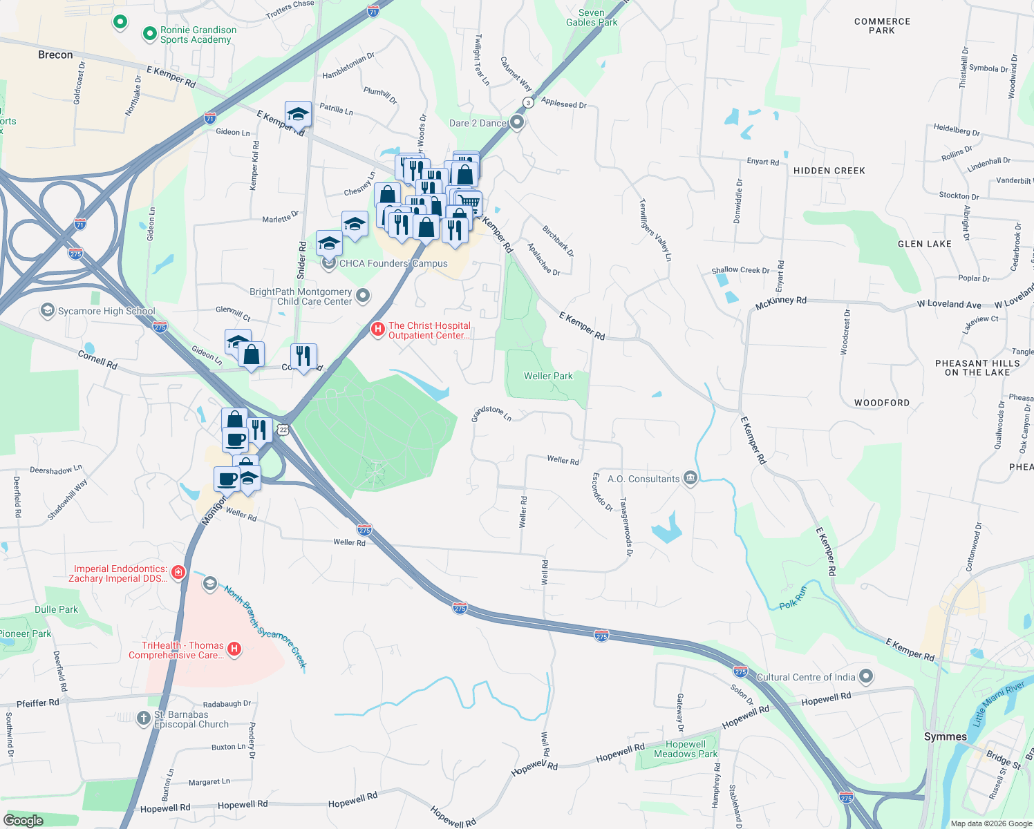 map of restaurants, bars, coffee shops, grocery stores, and more near 11719 Grandstone Lane in Cincinnati