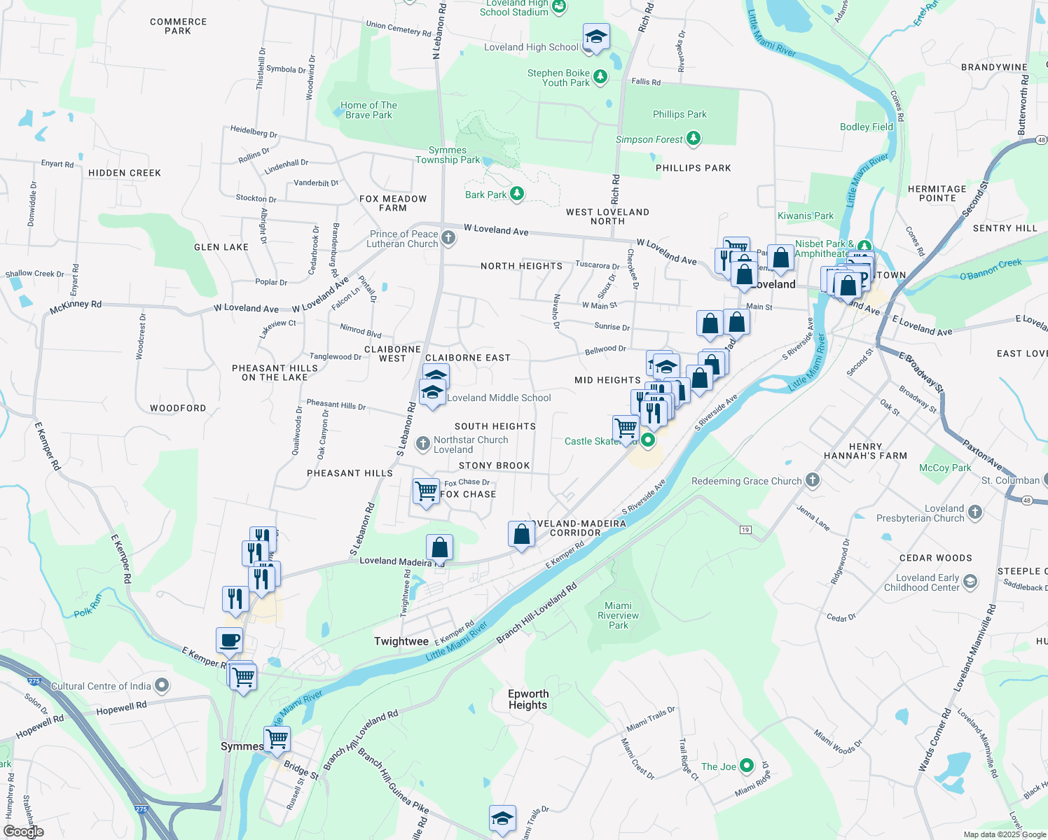 map of restaurants, bars, coffee shops, grocery stores, and more near 737 Marbea Dr in Loveland