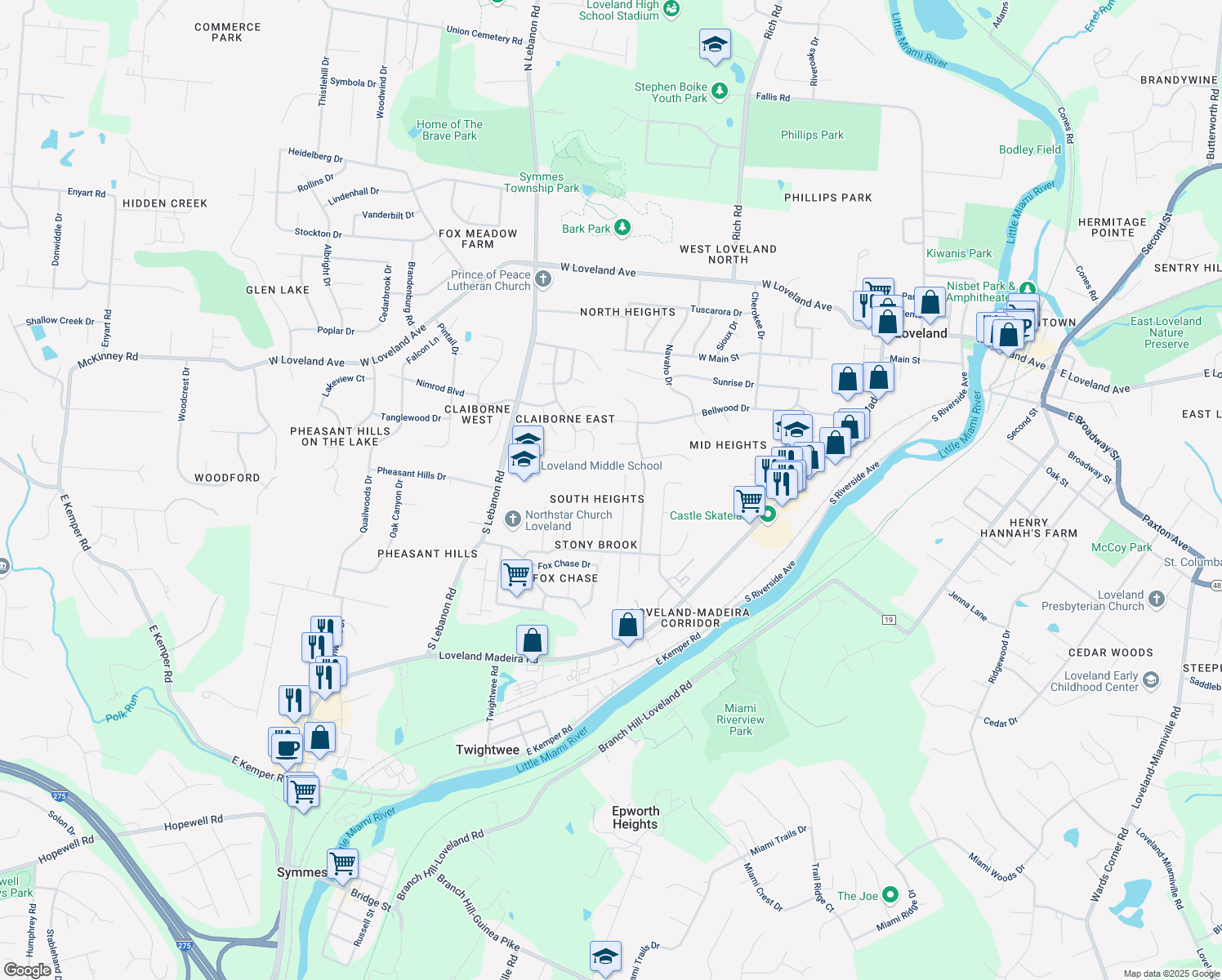 map of restaurants, bars, coffee shops, grocery stores, and more near 732 Marbea Drive in Loveland