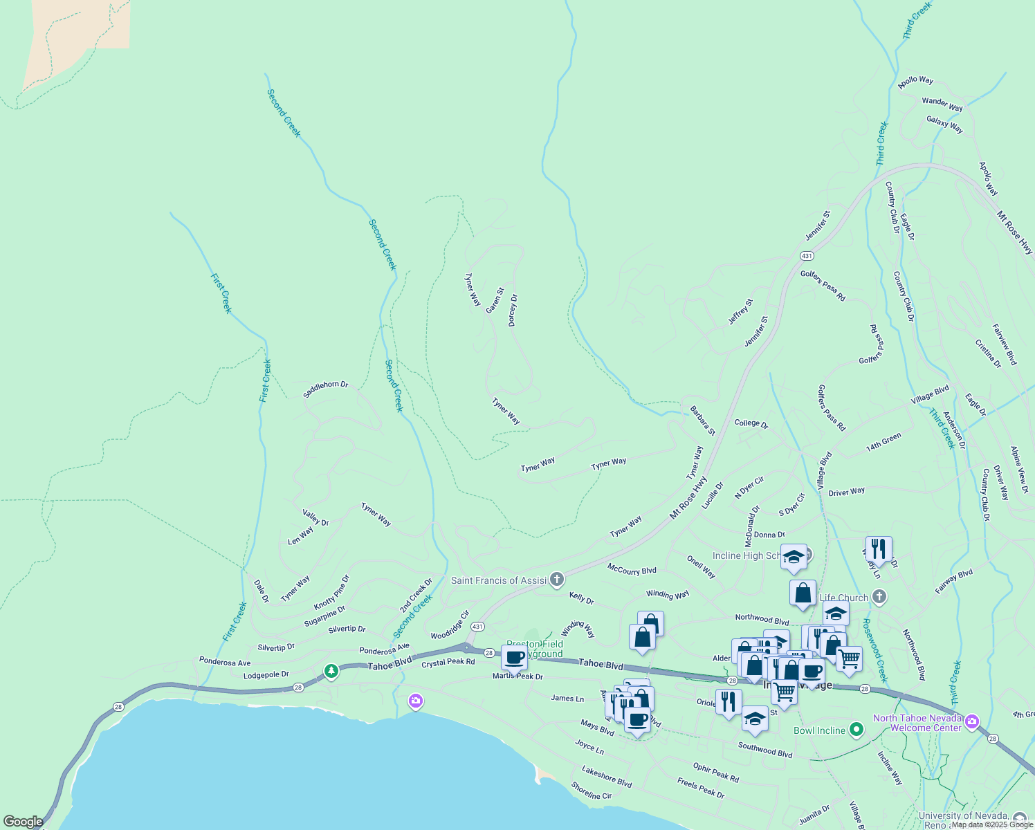 map of restaurants, bars, coffee shops, grocery stores, and more near 909 Tyner Way in Incline Village