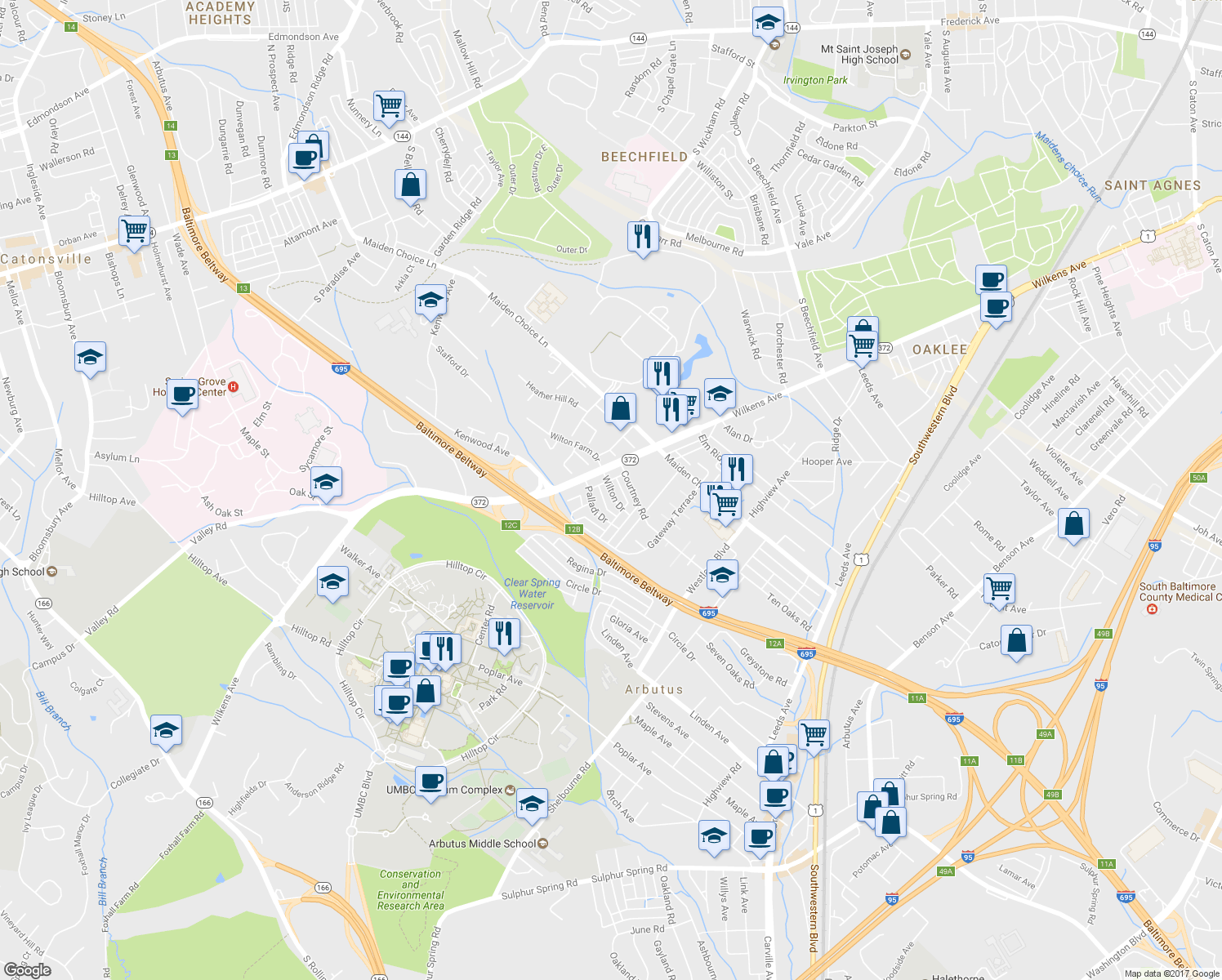 map of restaurants, bars, coffee shops, grocery stores, and more near 4901 Wilkens Avenue in Catonsville