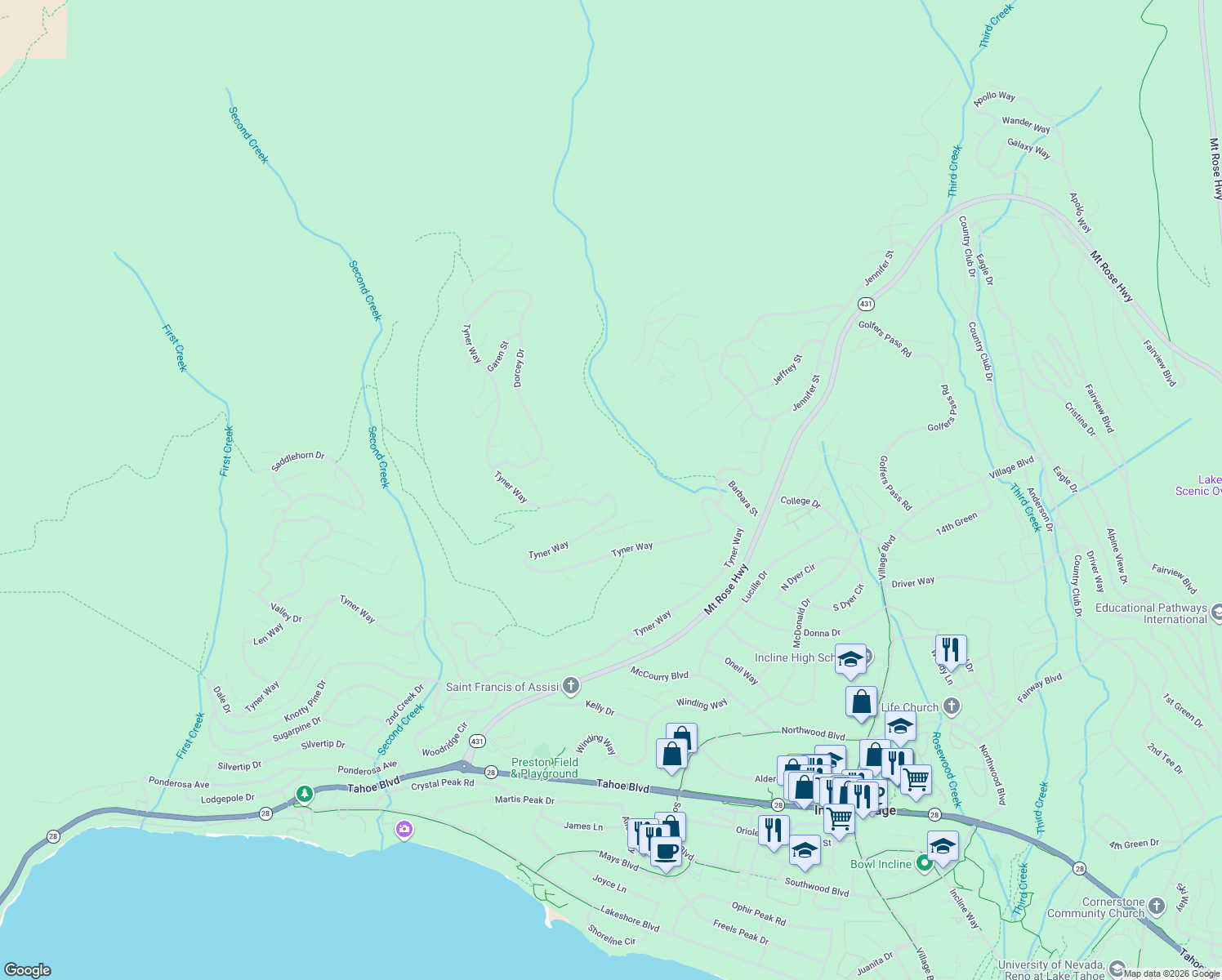 map of restaurants, bars, coffee shops, grocery stores, and more near 881 Tyner Way in Incline Village