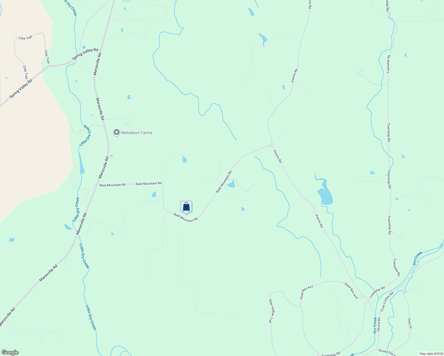 map of restaurants, bars, coffee shops, grocery stores, and more near 6385 Bald Mountain Road in Browns Valley