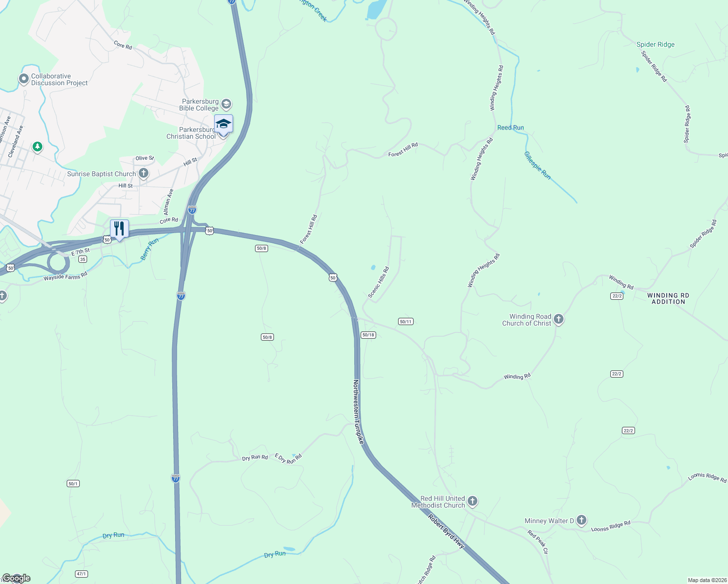 map of restaurants, bars, coffee shops, grocery stores, and more near Highway 50 in Parkersburg