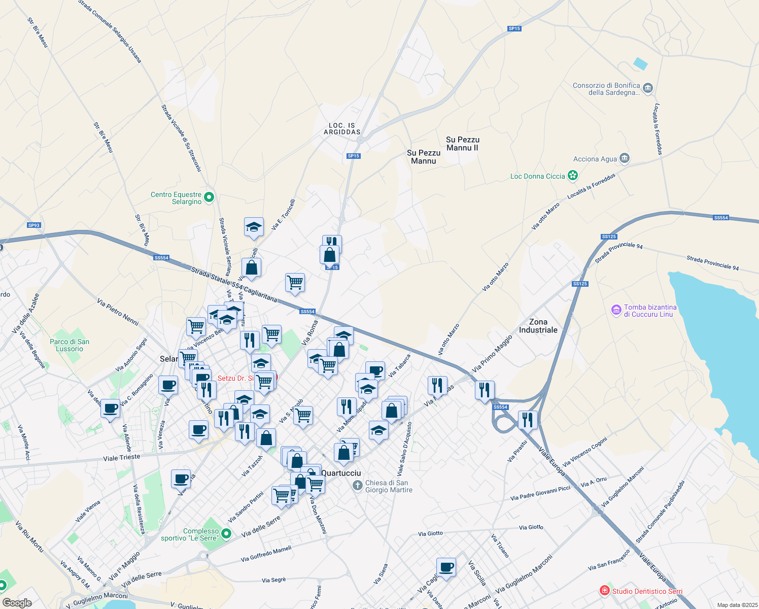map of restaurants, bars, coffee shops, grocery stores, and more near 22 Via Newton in Selargius