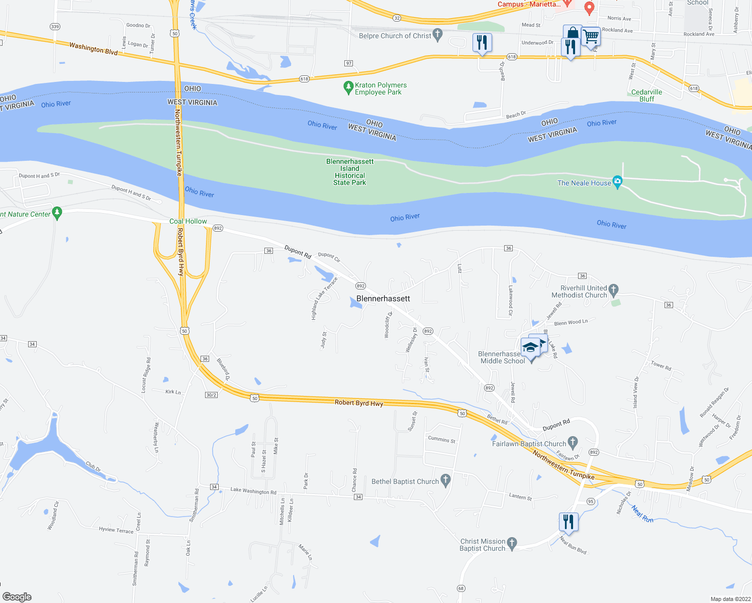 map of restaurants, bars, coffee shops, grocery stores, and more near 53 Hill Drive in Washington