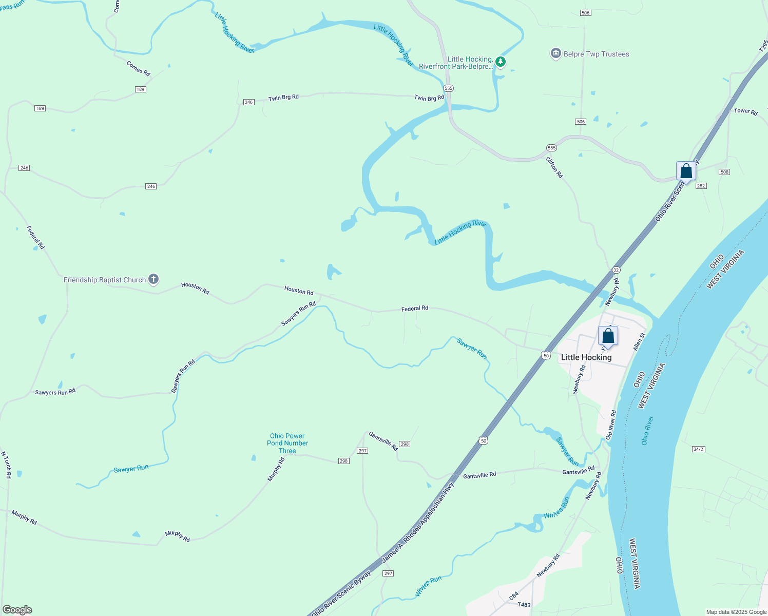 map of restaurants, bars, coffee shops, grocery stores, and more near 950 Federal Road in Little Hocking
