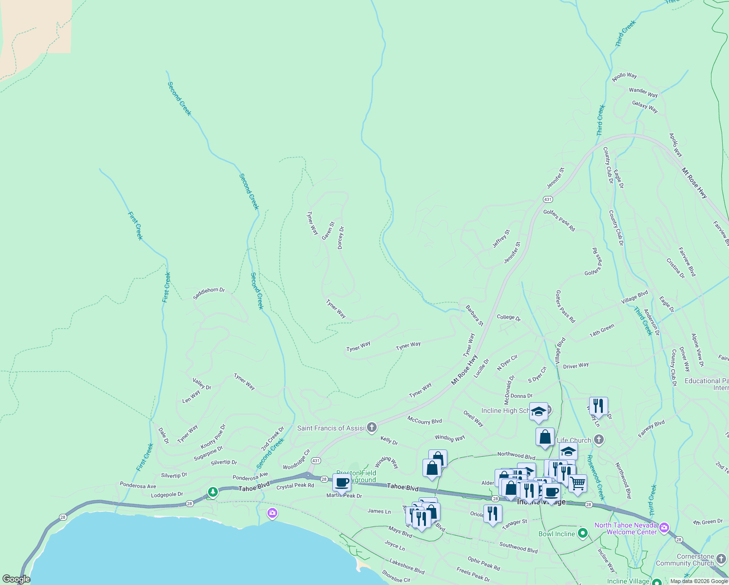 map of restaurants, bars, coffee shops, grocery stores, and more near 592 Douglas Court in Incline Village