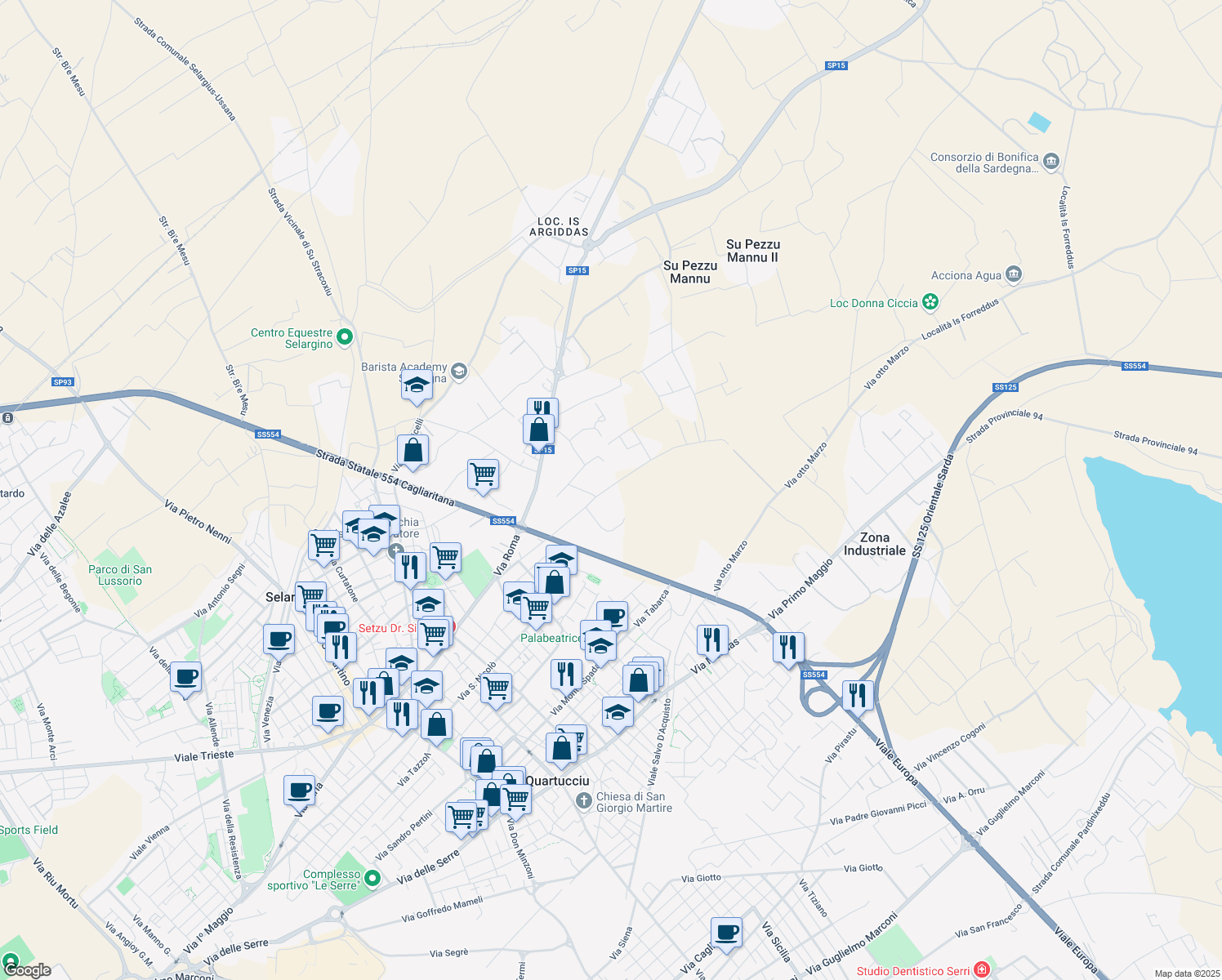 map of restaurants, bars, coffee shops, grocery stores, and more near 22 Via Newton in Selargius