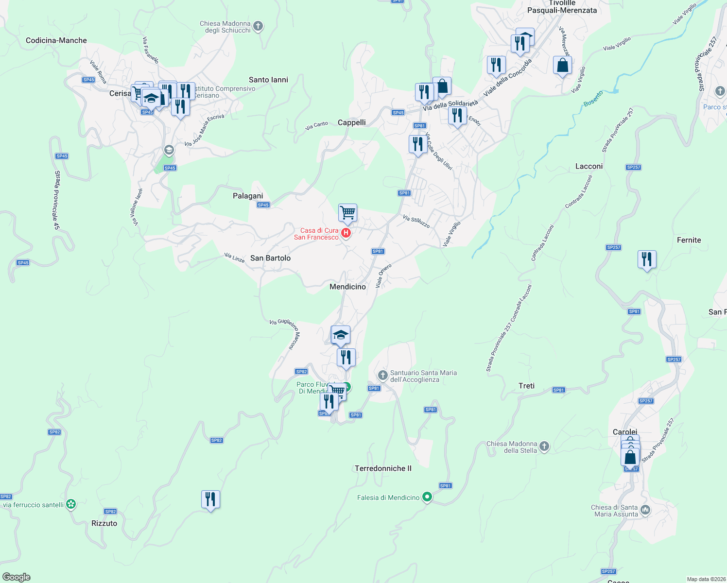 map of restaurants, bars, coffee shops, grocery stores, and more near 4 Via Carlo Alberto Dalla Chiesa in Mendicino