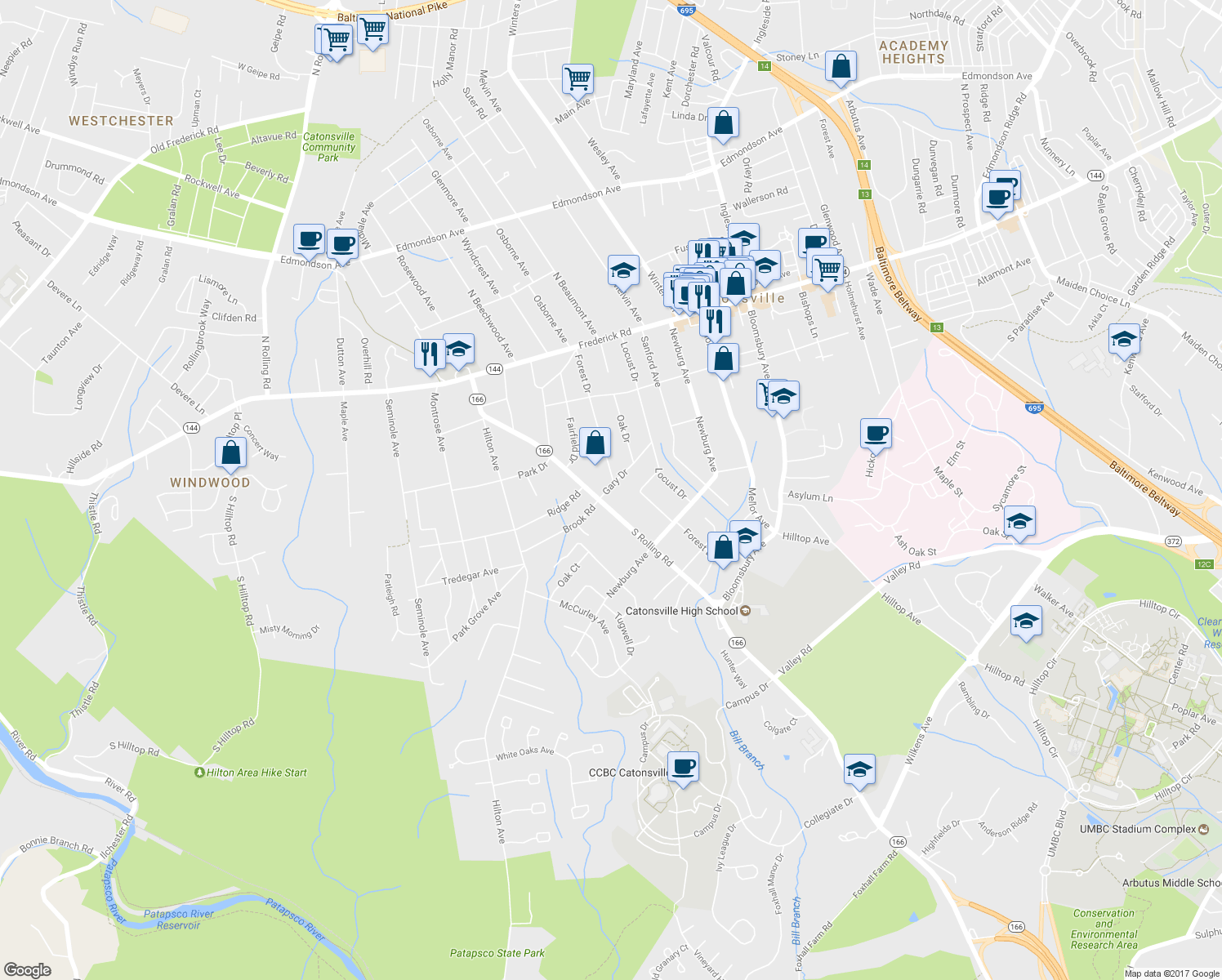 map of restaurants, bars, coffee shops, grocery stores, and more near 1213 Gary Dr in Catonsville