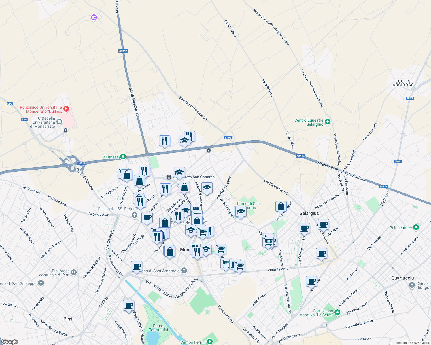 map of restaurants, bars, coffee shops, grocery stores, and more near Via delle Camelie in Selargius
