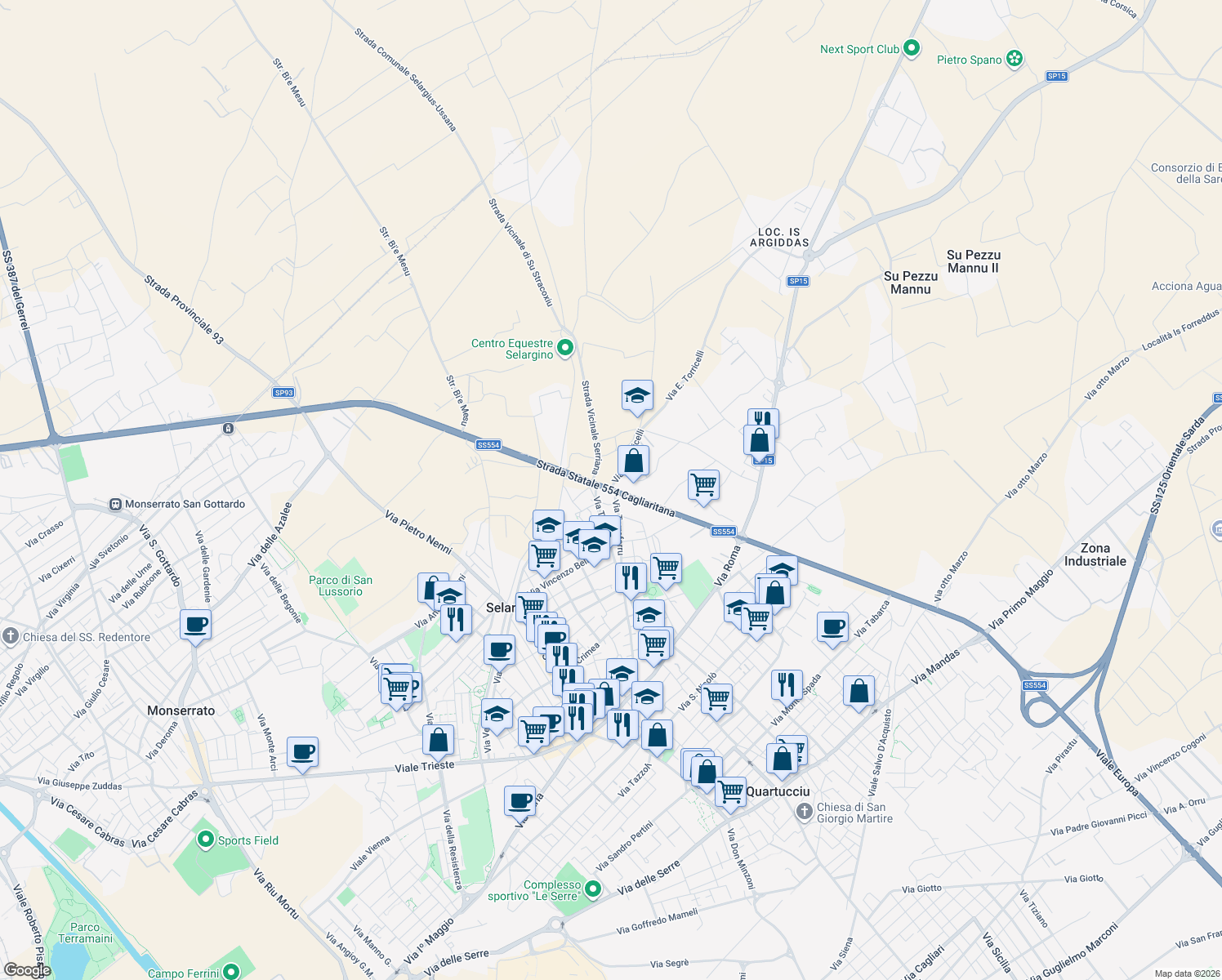 map of restaurants, bars, coffee shops, grocery stores, and more near Via Venezia in Selargius