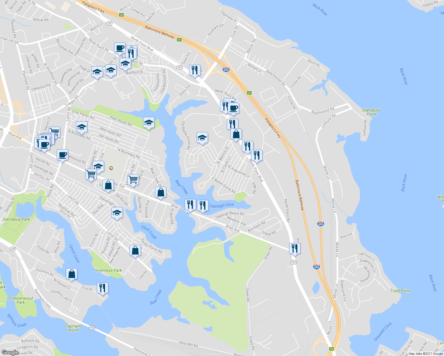 map of restaurants, bars, coffee shops, grocery stores, and more near 7817 Saint Claire Lane in Dundalk