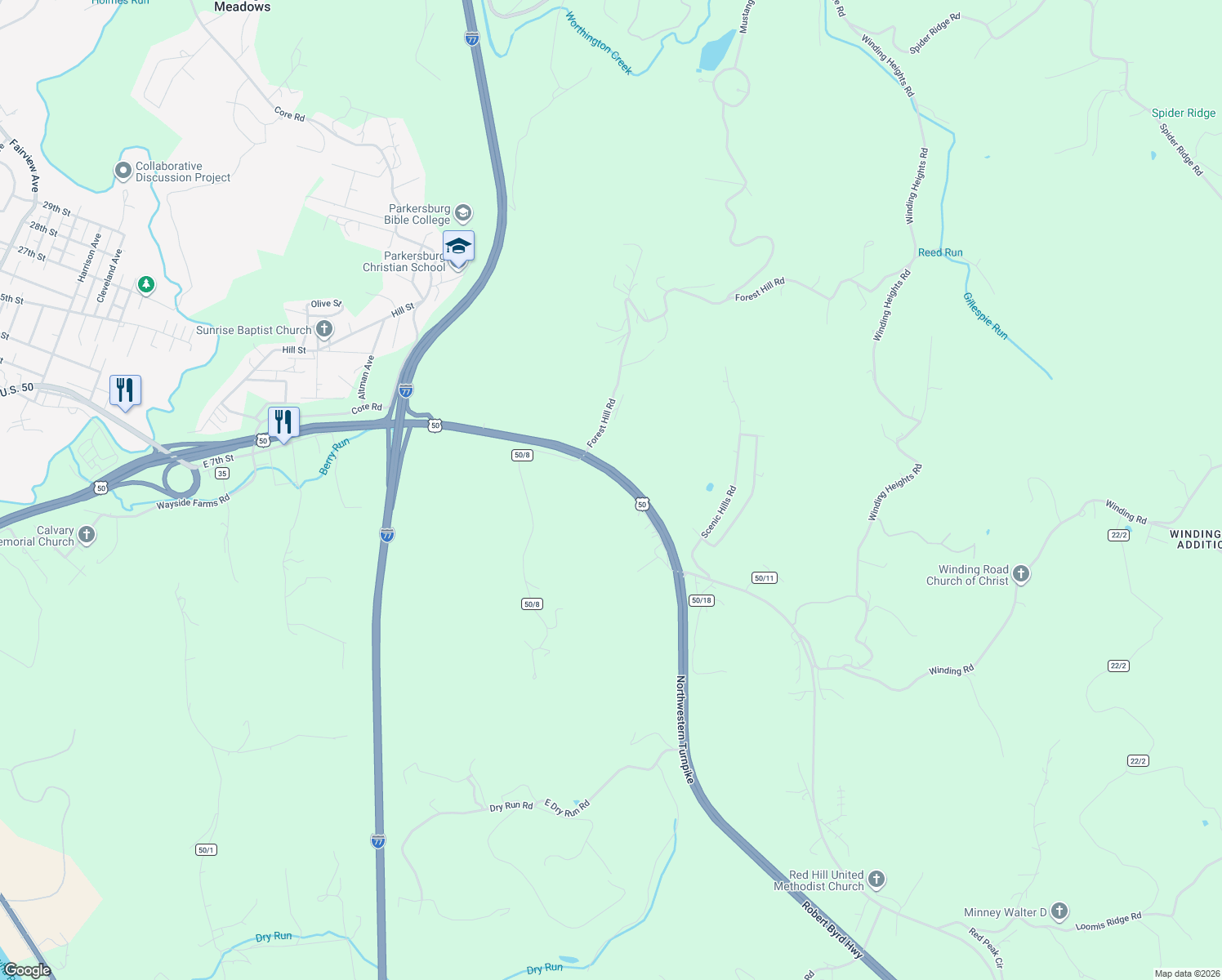 map of restaurants, bars, coffee shops, grocery stores, and more near Northwestern Turnpike in Parkersburg