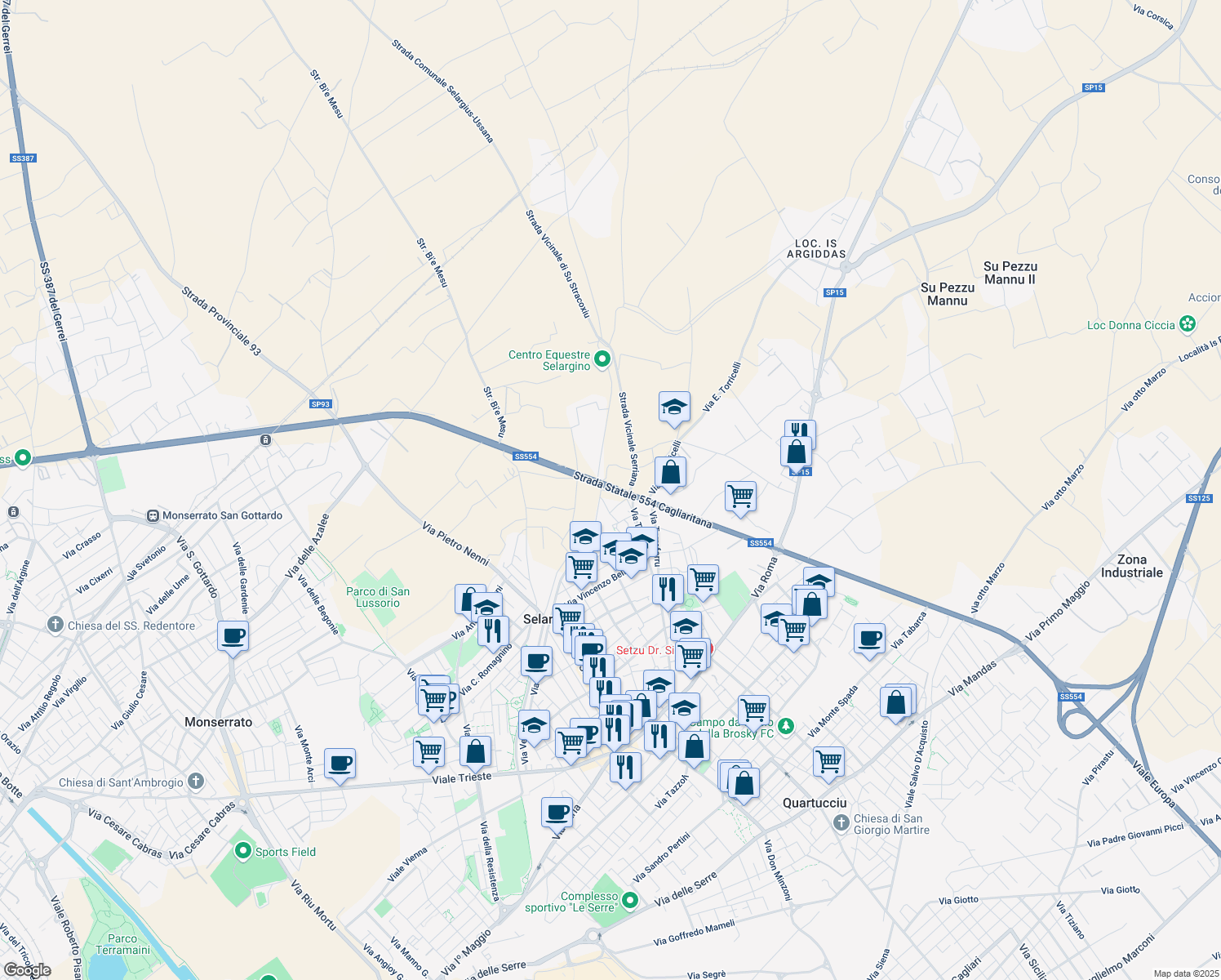map of restaurants, bars, coffee shops, grocery stores, and more near 38 SS554 in Città Metropolitana di Cagliari