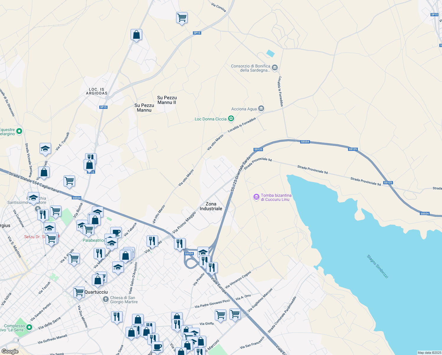 map of restaurants, bars, coffee shops, grocery stores, and more near Strada Ex Provinciale Quartucciu - Ga in Zona Industriale