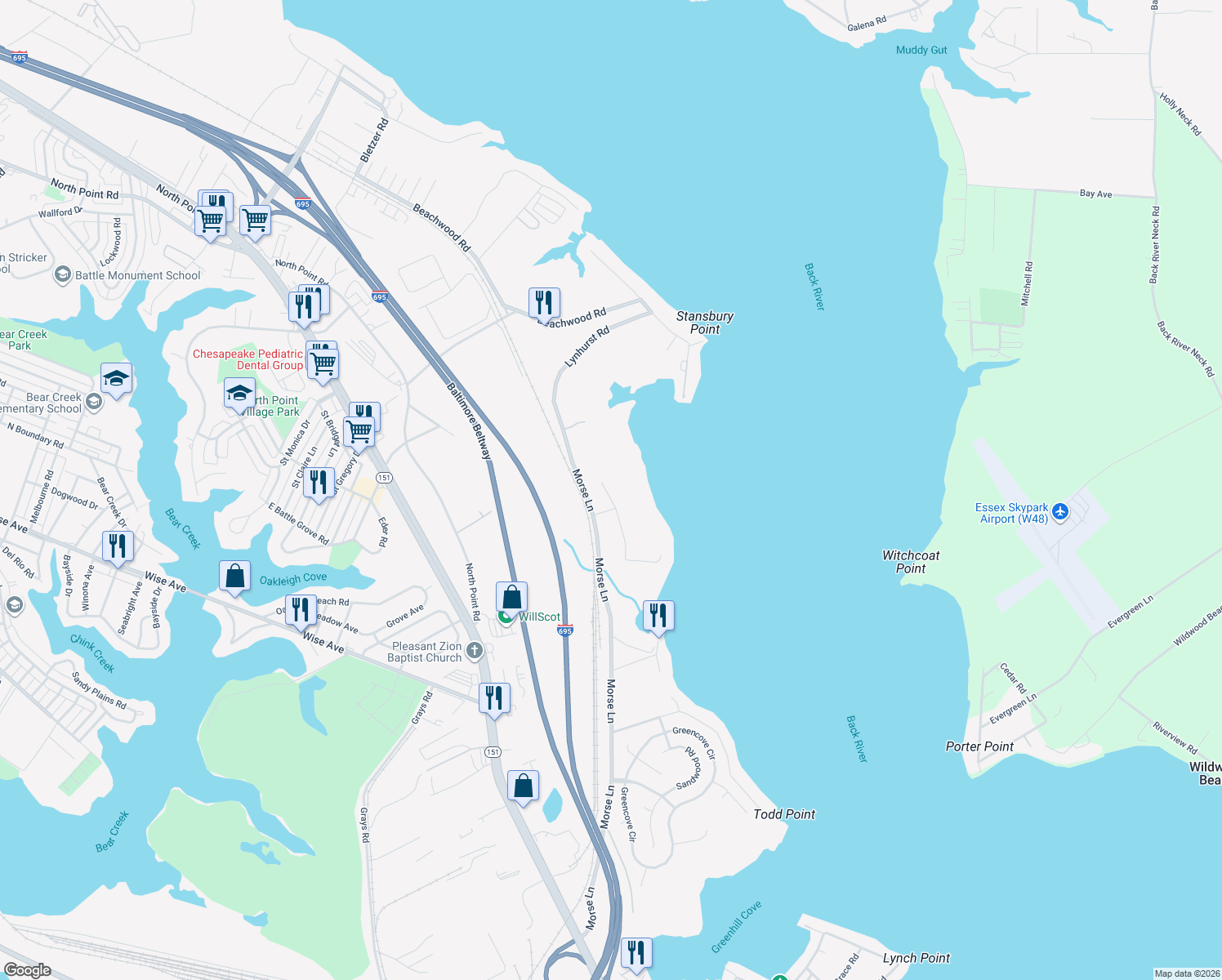map of restaurants, bars, coffee shops, grocery stores, and more near 4205 Riversedge Way in Dundalk
